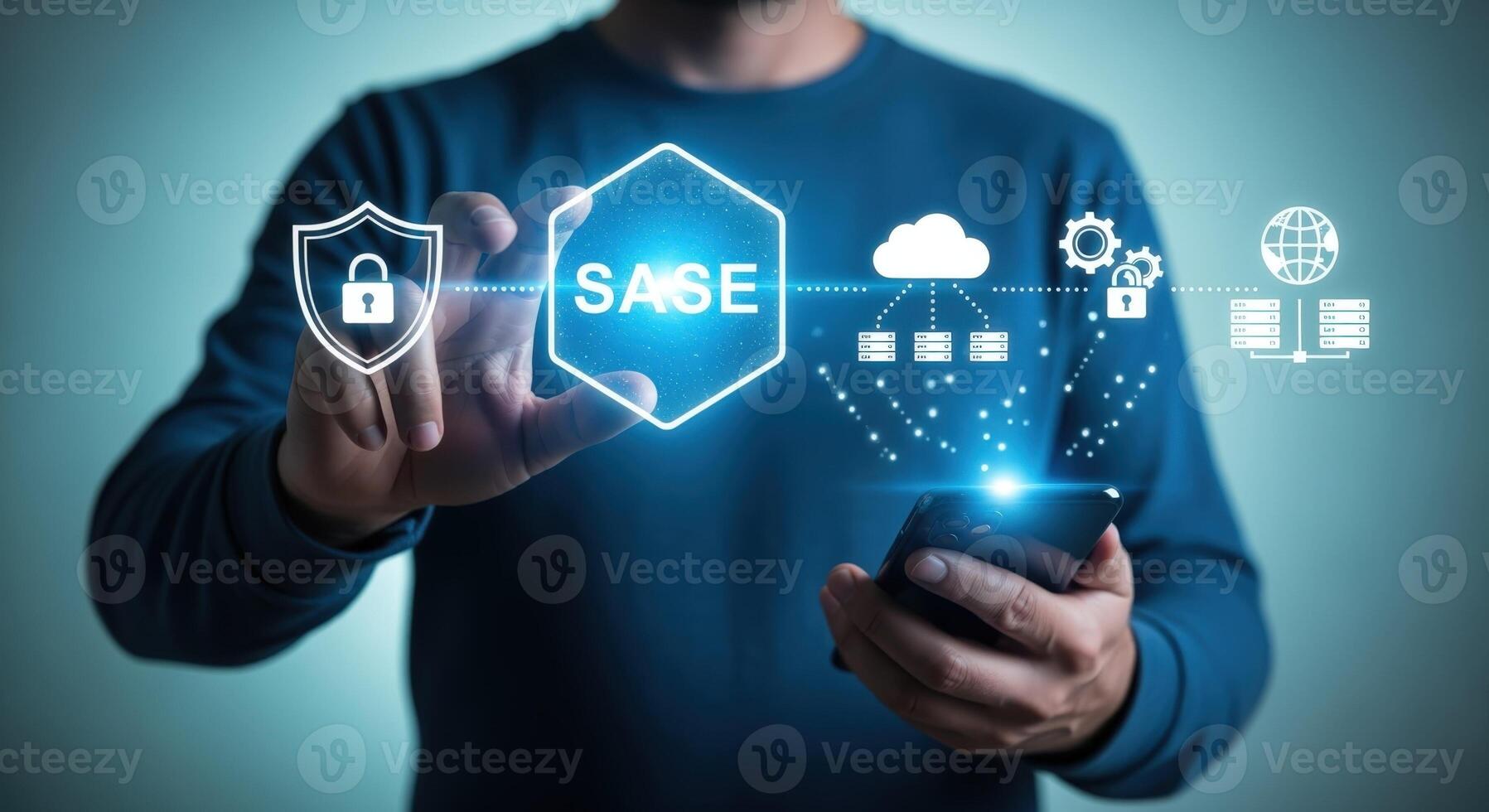 Secure Access Service Edge Conceptual Illustration Man Interacting with SASE Network for Data Protection photo