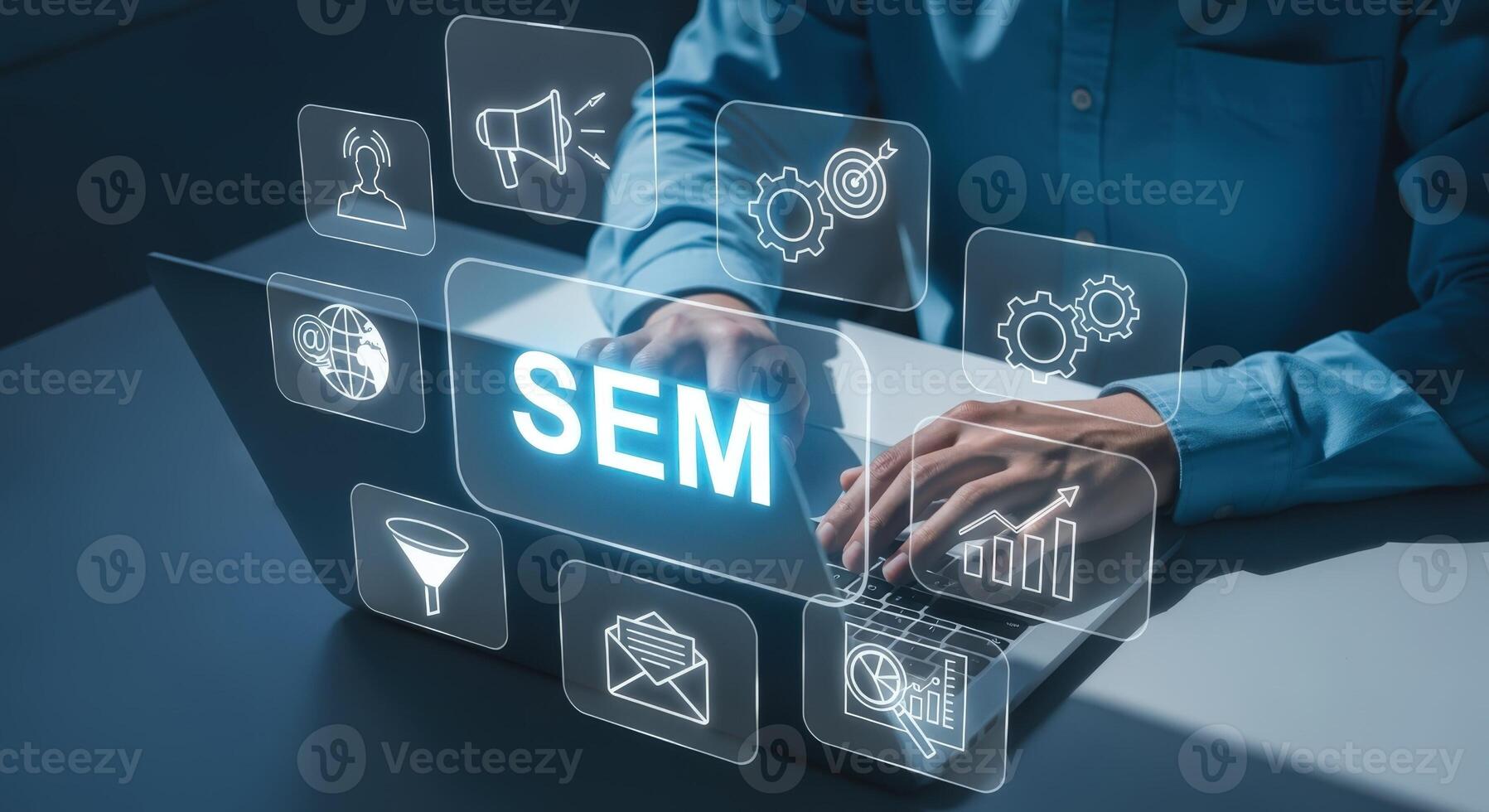 Search Engine Marketing Concept Man Using Laptop with SEM Icons and Digital Interface Elements photo