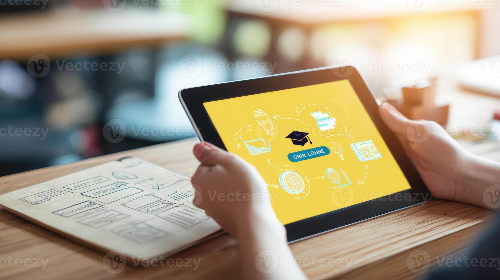 Online Education on Tablet Hands Holding Device Displaying E-learning Platform Graphics for Modern Learning photo