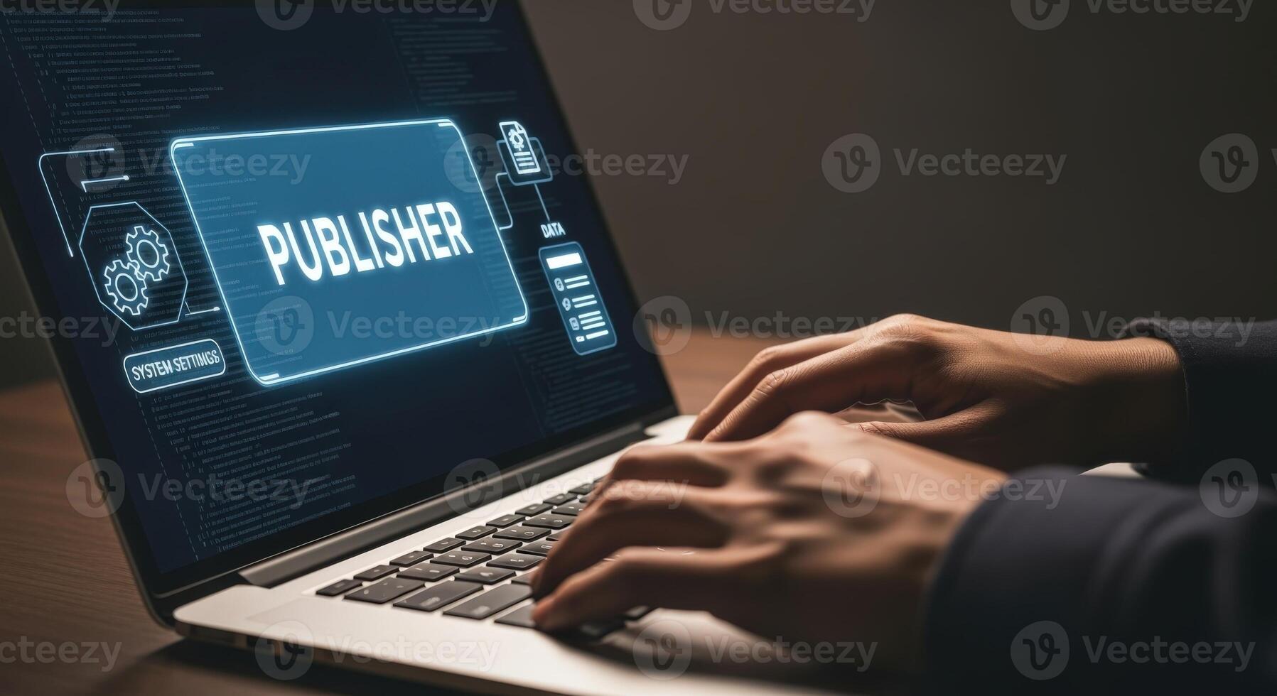 Man typing on laptop displaying user interface, software development and digital publishing concept photo