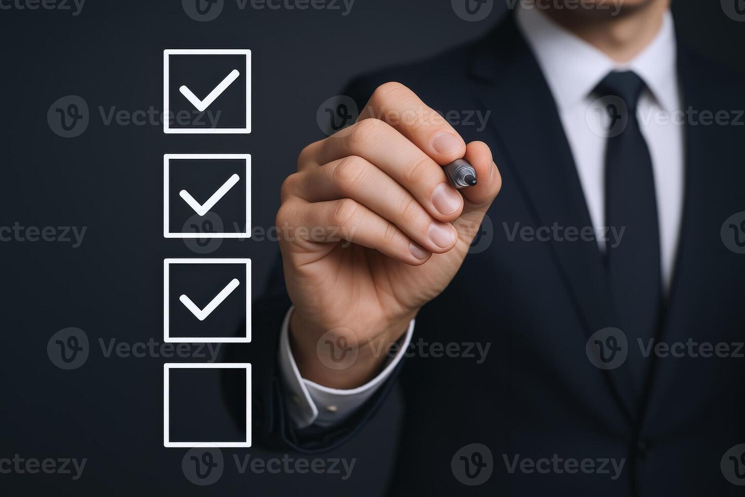 Businessman Completing Checklist Items with Marker, Demonstrating Task Completion and Business Planning on Dark Background photo