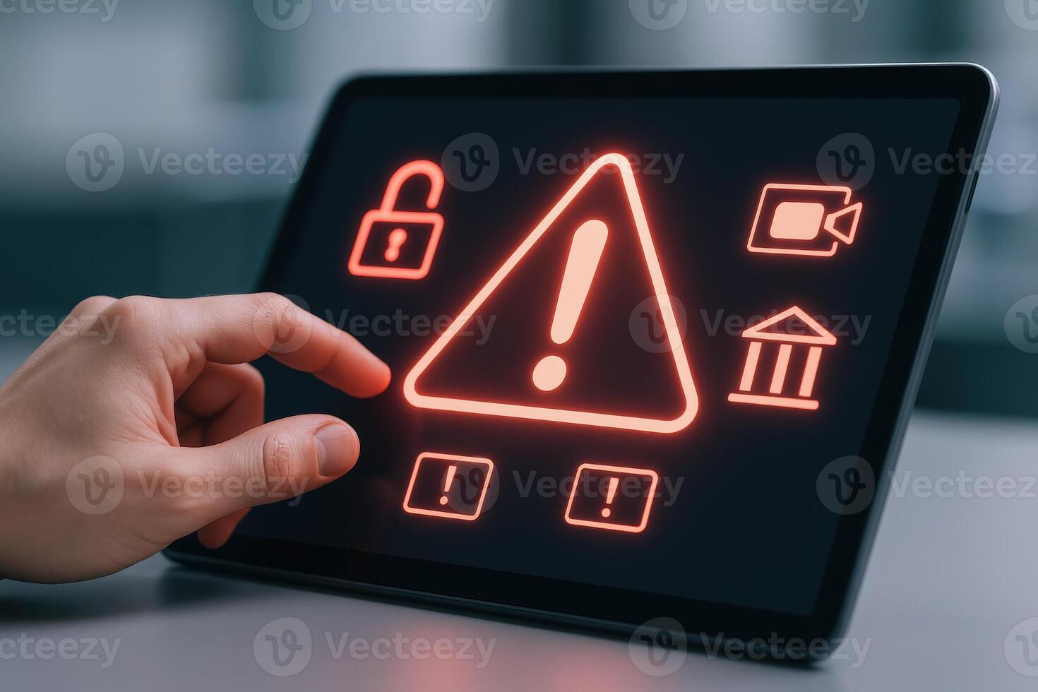 Digital Tablet Displaying a Red Exclamation Warning Sign with Hand Touching the Screen photo