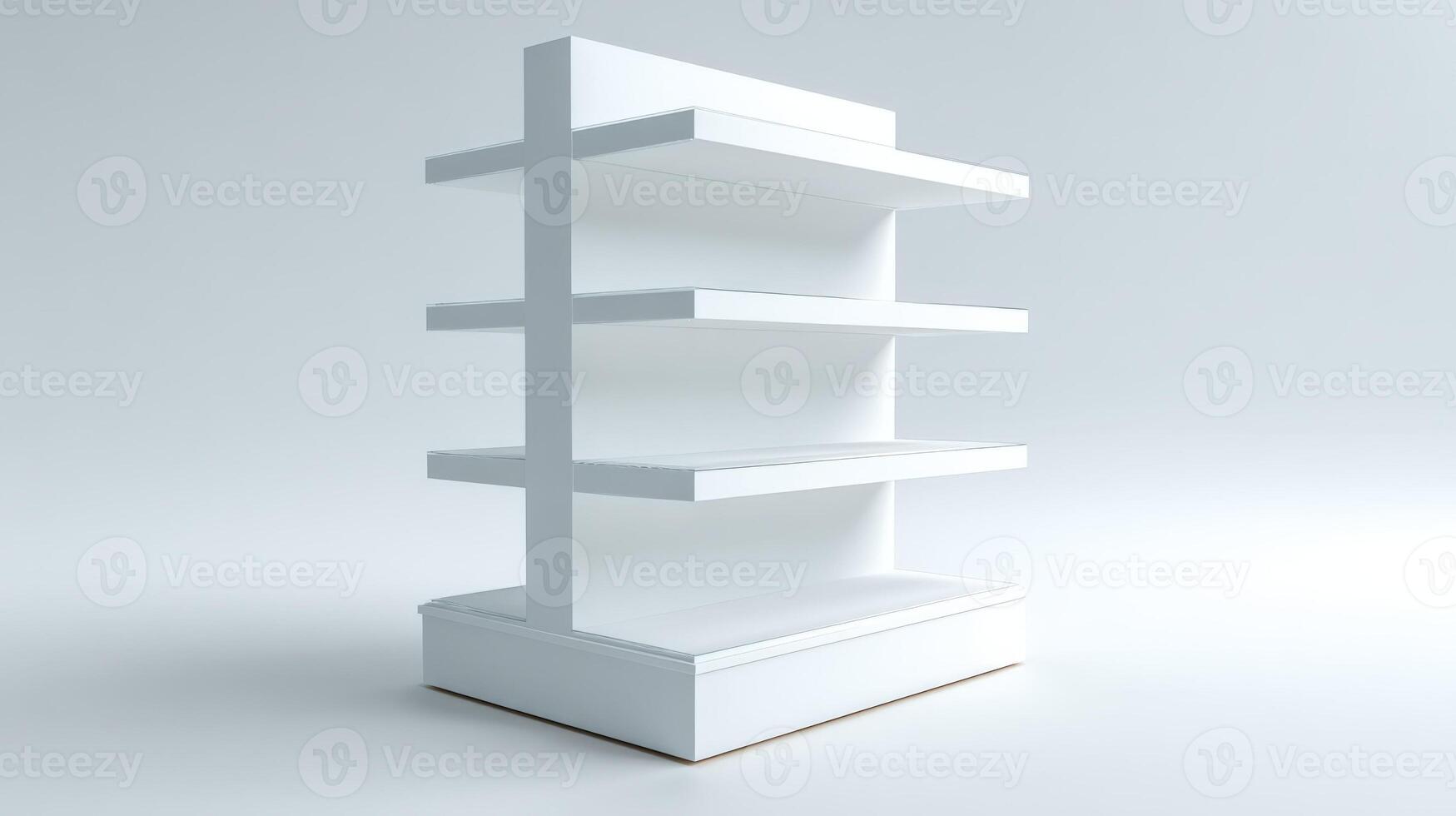 Minimalist White Display Shelving Unit on White Background, Perfect for Product Mockups and Retail Display Concepts photo