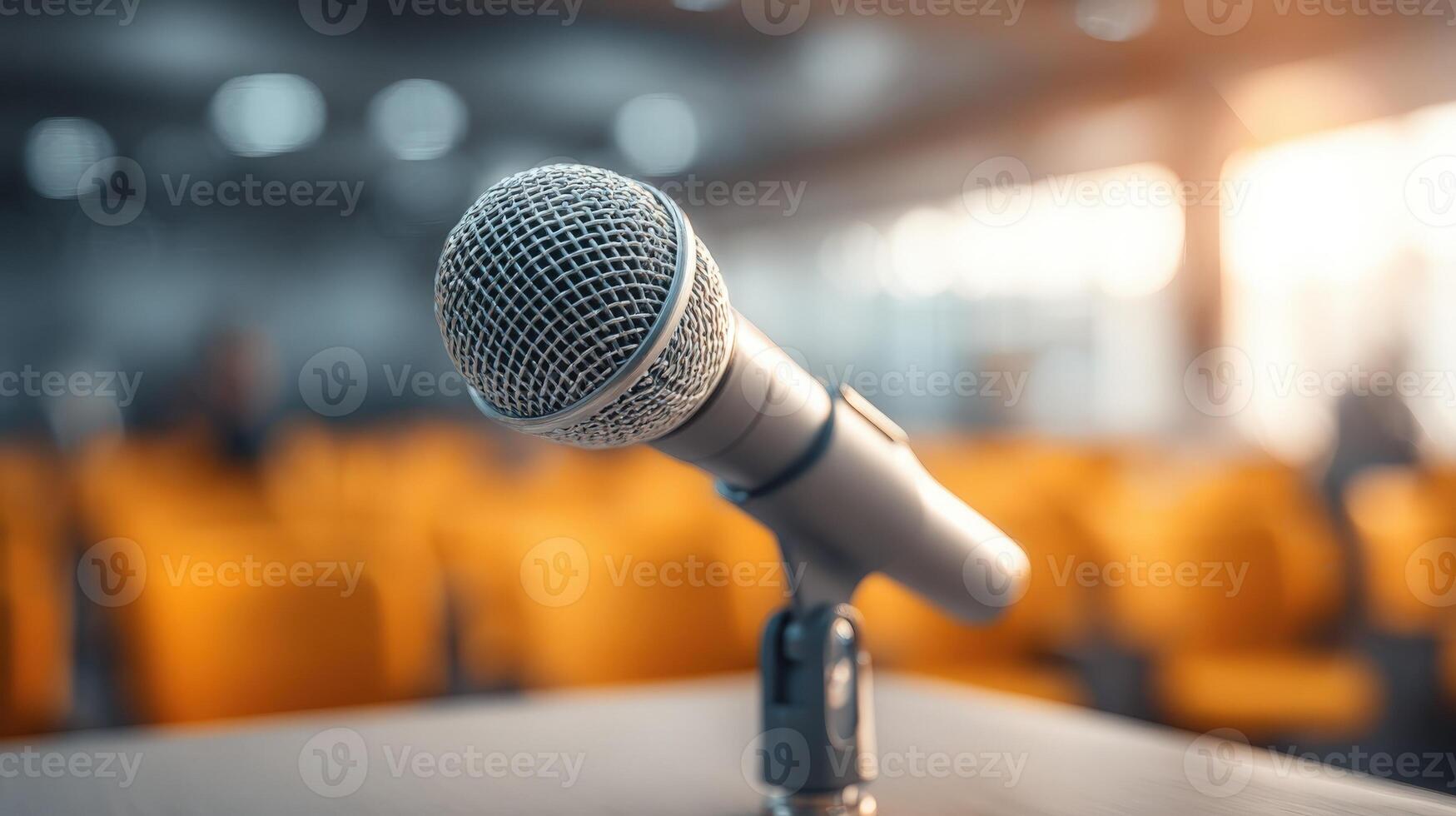 Microphone on Stage Ready for Presentation, Public Speaking, or Conference Event in Auditorium photo