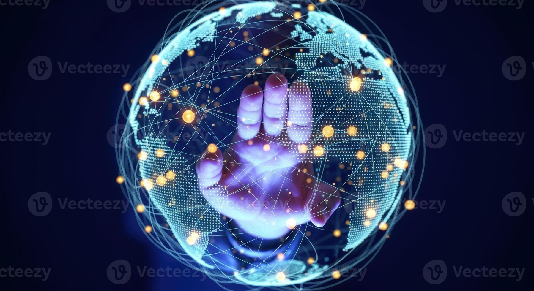 Global Network Connection Hand Touching World Map Representing International Communication, Technology, and Business Connectivity Solutions photo