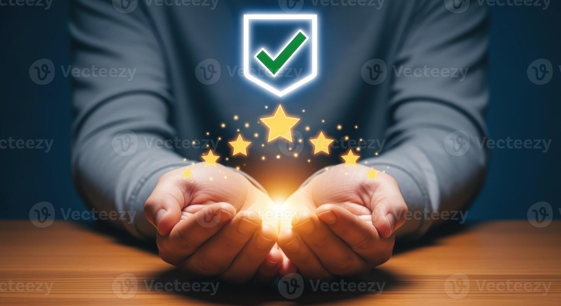 Quality Assurance Shield with Glowing Stars and Hands Representing Protection and Guarantee in a Modern Setting photo