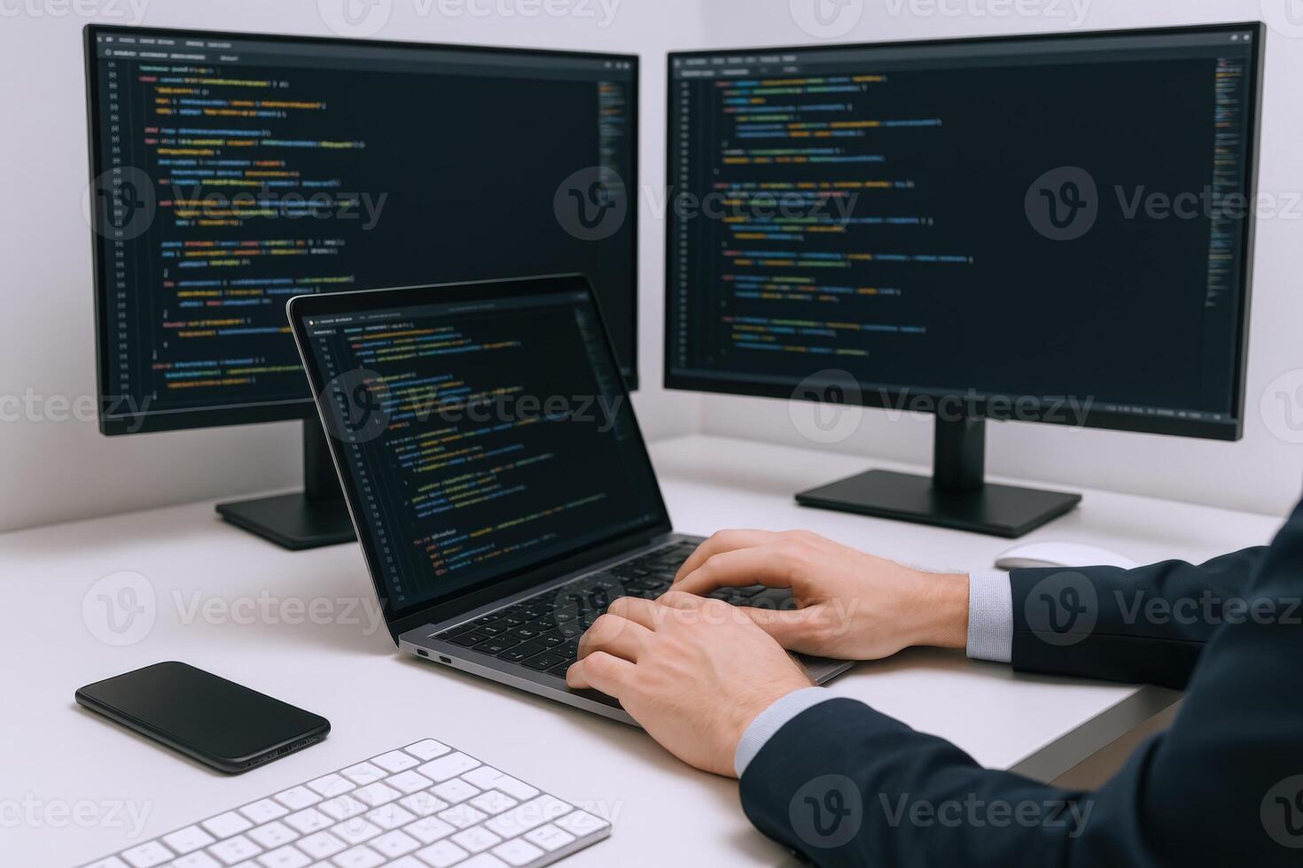 Software Developer Coding on Laptop with Dual Monitors Displaying Source Code in Modern Office photo