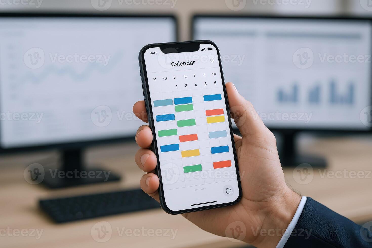 Man Holds Phone Displaying Calendar App, Charts on Screen in Background, Focus on Schedule photo