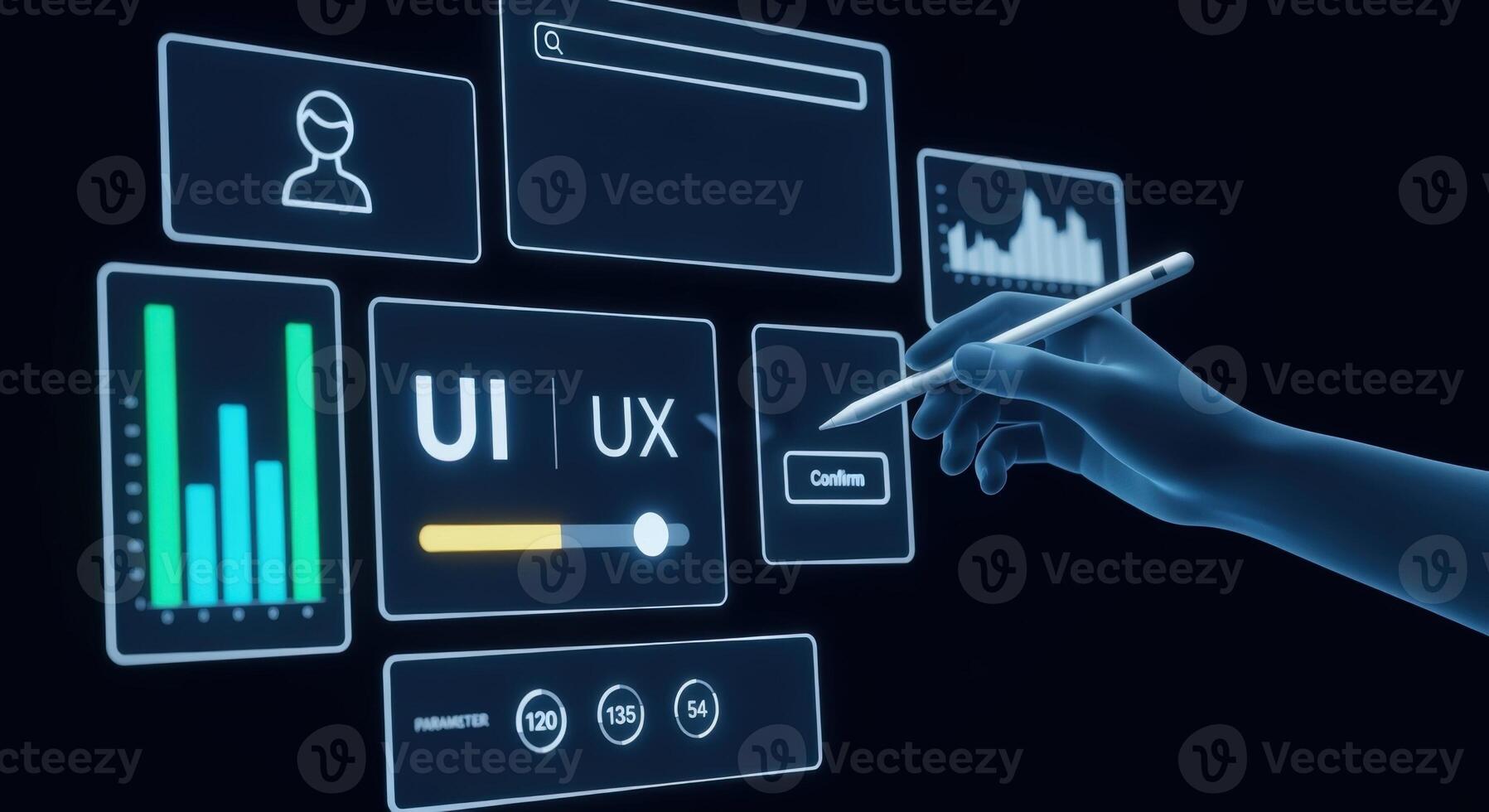Interactive UIUX Design Interface with Hand and Stylus Displaying Data Analytics on Transparent Screens photo