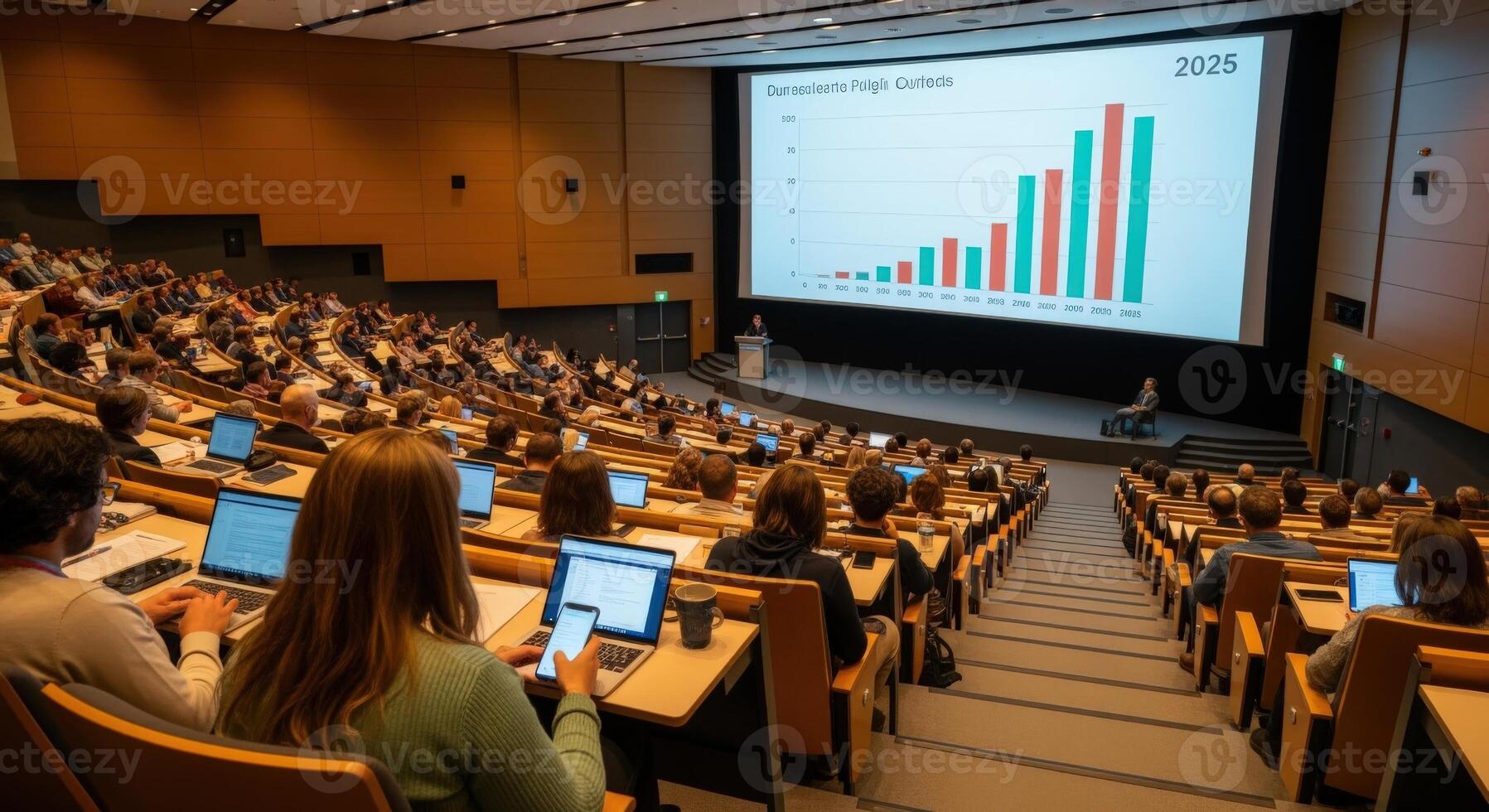 Auditorium Full of Students Attending Lecture with Graph Projection for Education and Business Purposes photo