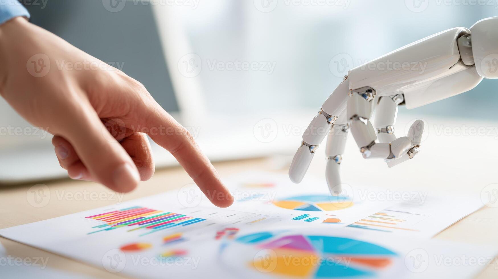 Human and Robot Collaboration Analyzing Data Concept of AI, Technology Integration and Automation photo