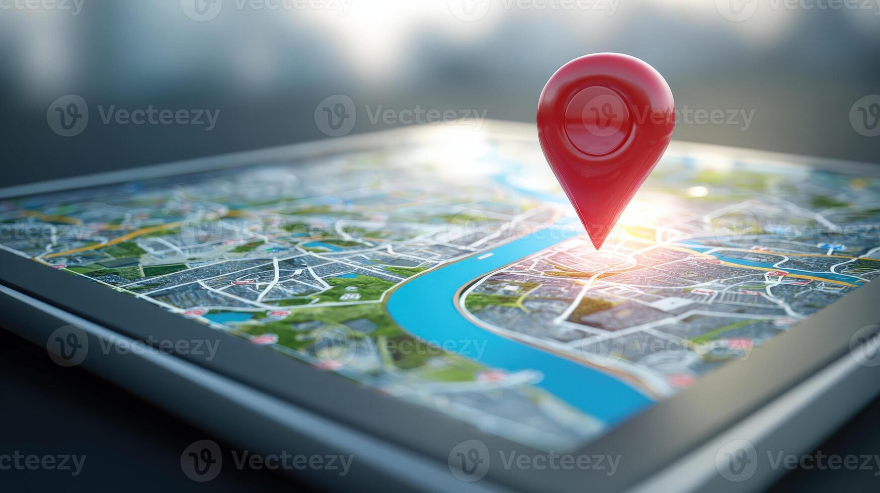 Navigation App Concept with a Red Pin Pointer on a City Map for GPS Technology photo