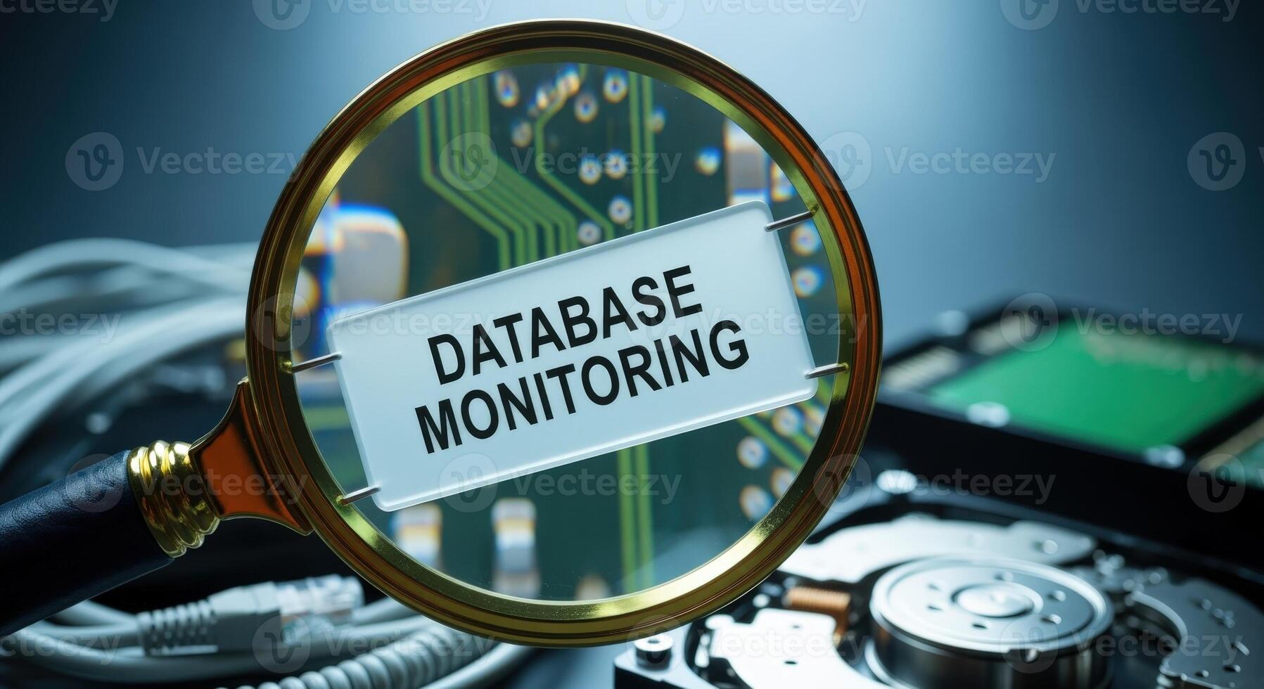 Database Monitoring Close-up with Magnifying Glass and Hard Drive, Highlighting System Performance and Data Integrity photo
