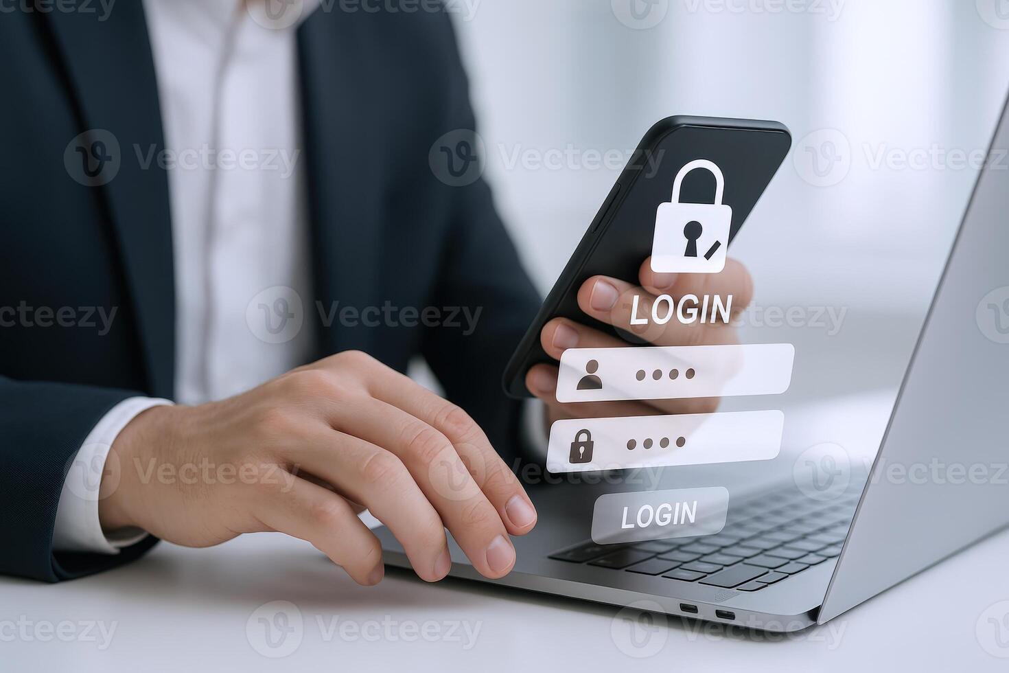 Secure Online Access Man Logging Into Account via Mobile Device and Laptop for Data Protection photo