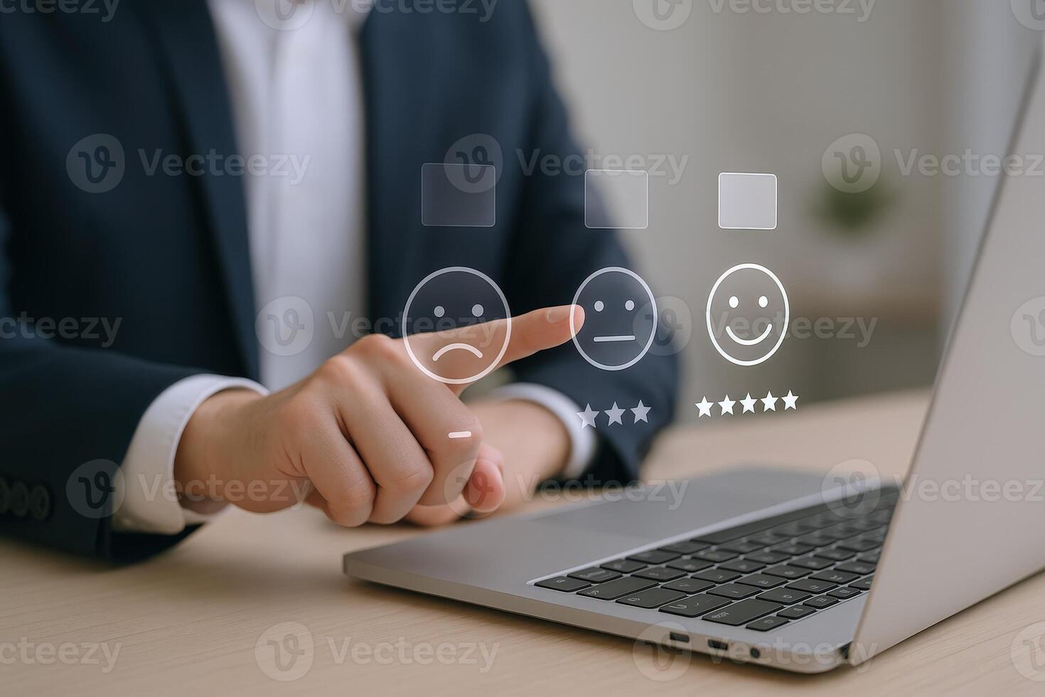 Customer feedback interface Man selecting the lowest rating option on a digital satisfaction survey using a laptop photo