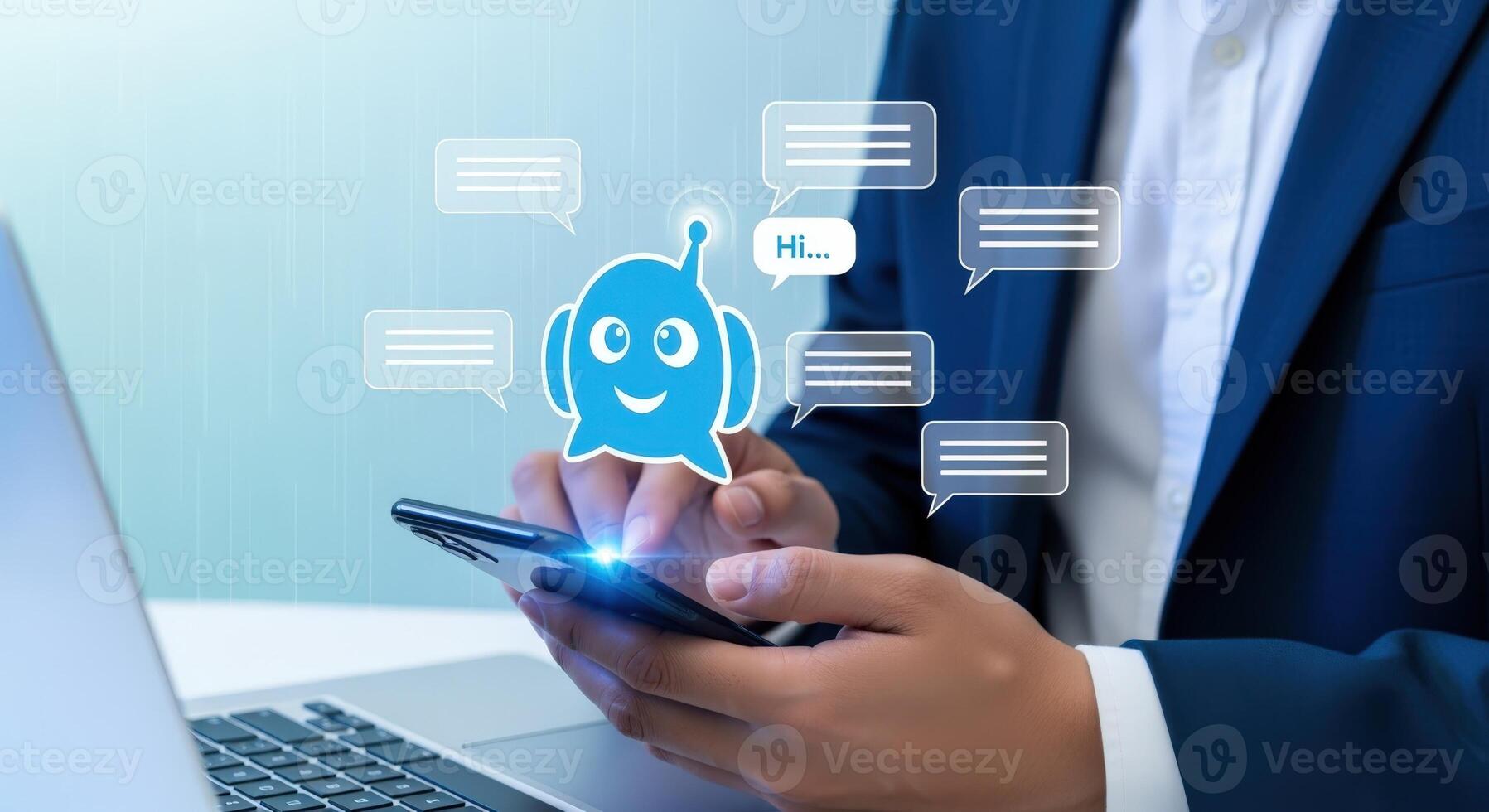 Chatbot Concept Man Interacting with AI Assistant on Smartphone for Customer Service Automation photo