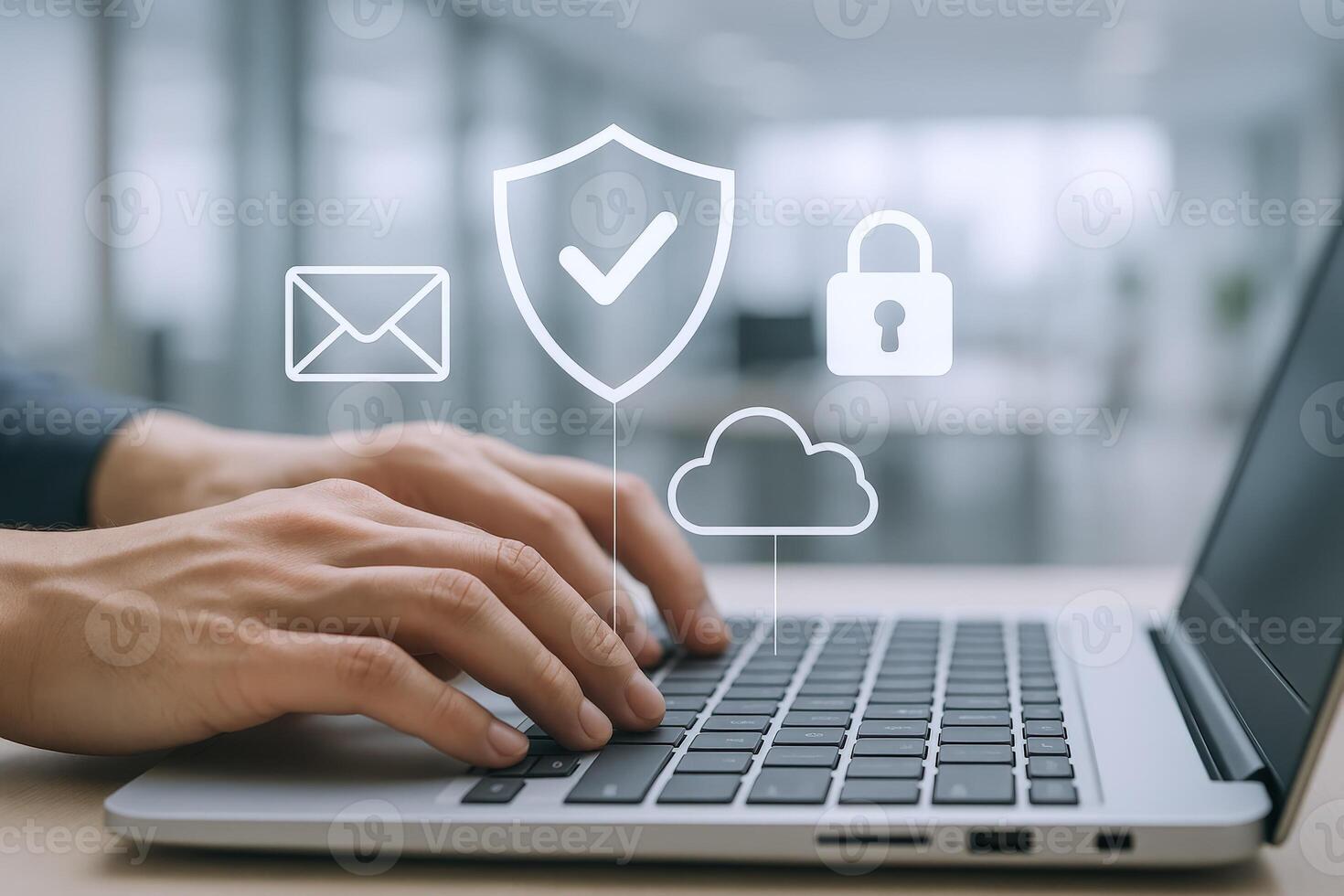 Cybersecurity Professional Typing on Laptop with Security Icons Overlay Representing Data Protection and Network Security photo