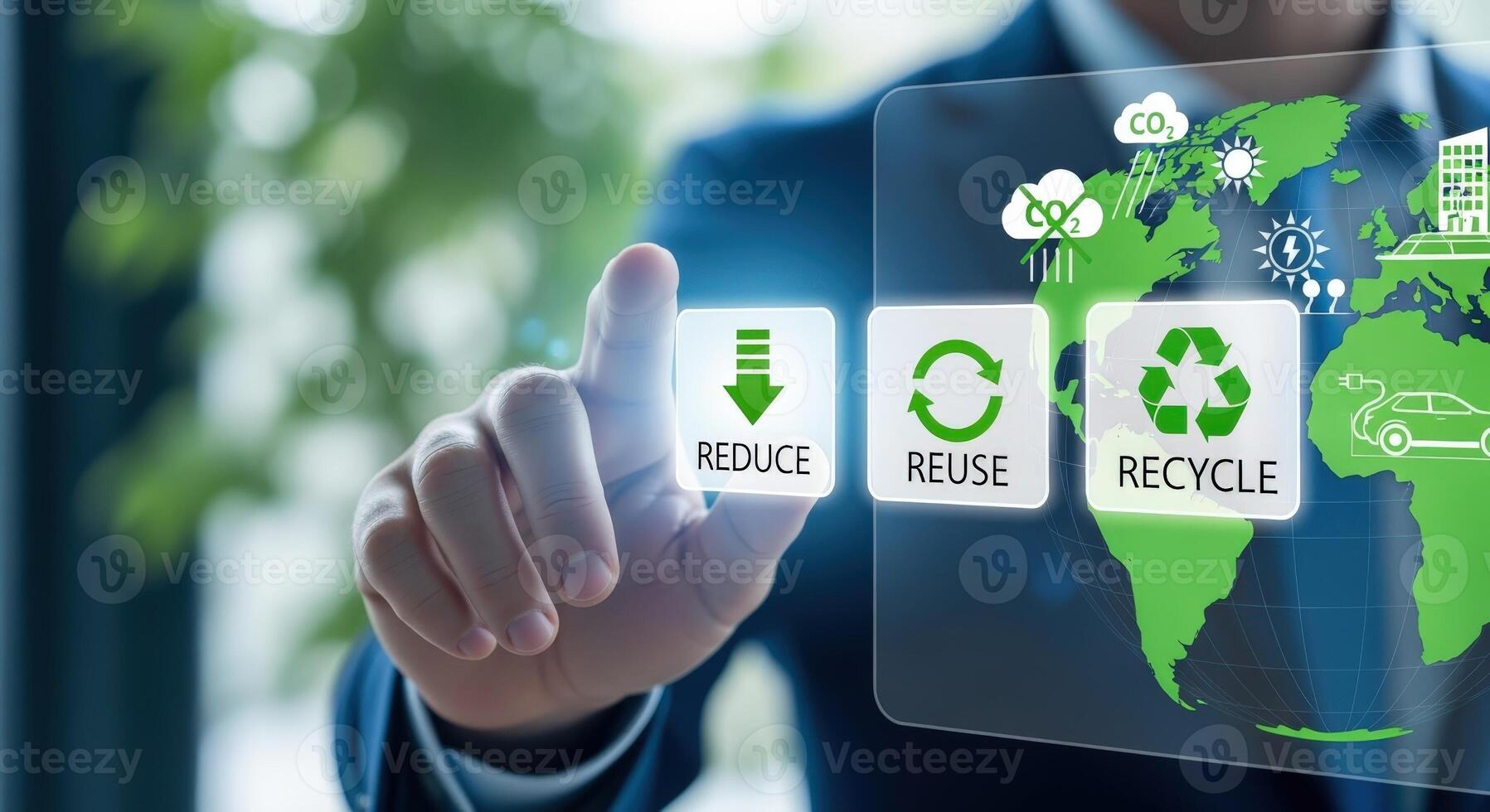 Sustainability Concept Businessman Activating Reduce, Reuse, and Recycle Buttons on a Virtual Interface Displaying a World Map photo