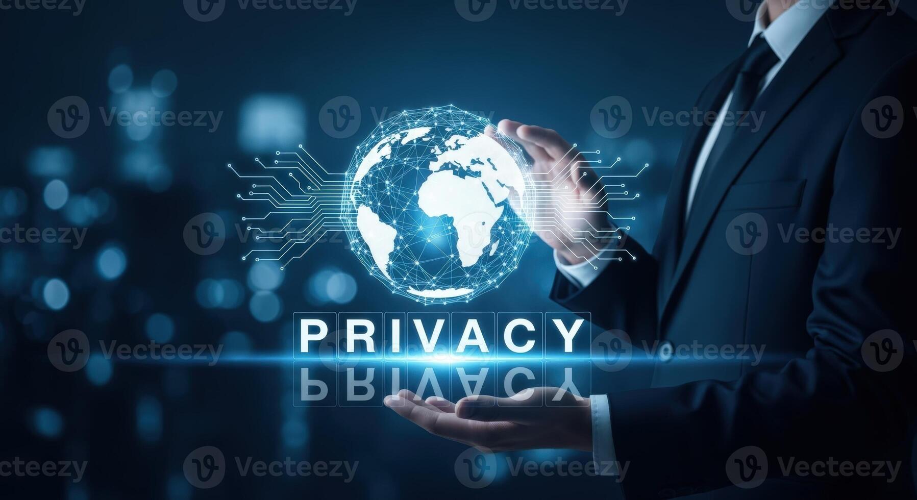 Data Privacy Concept Businessman Protecting Global Digital Information with Technology Shield and Globe photo