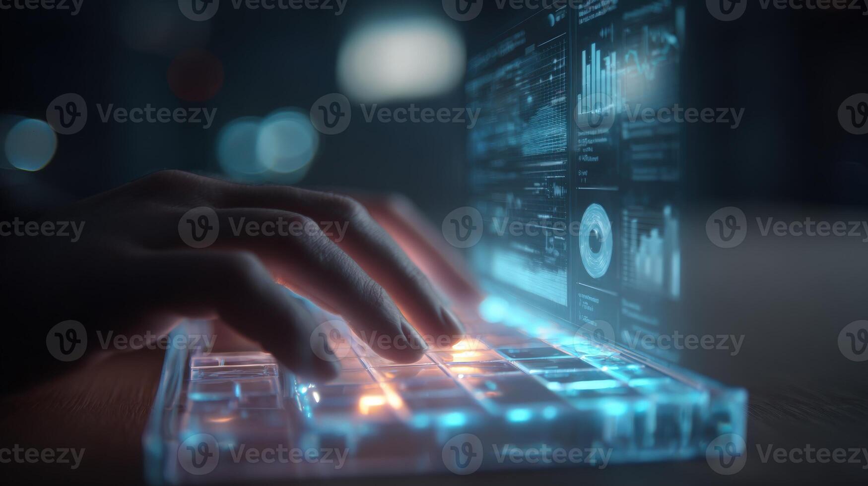 Futuristic Transparent Keyboard Interface with Data Visualization Overlay, Representing Advanced Technology and Business Analytics photo
