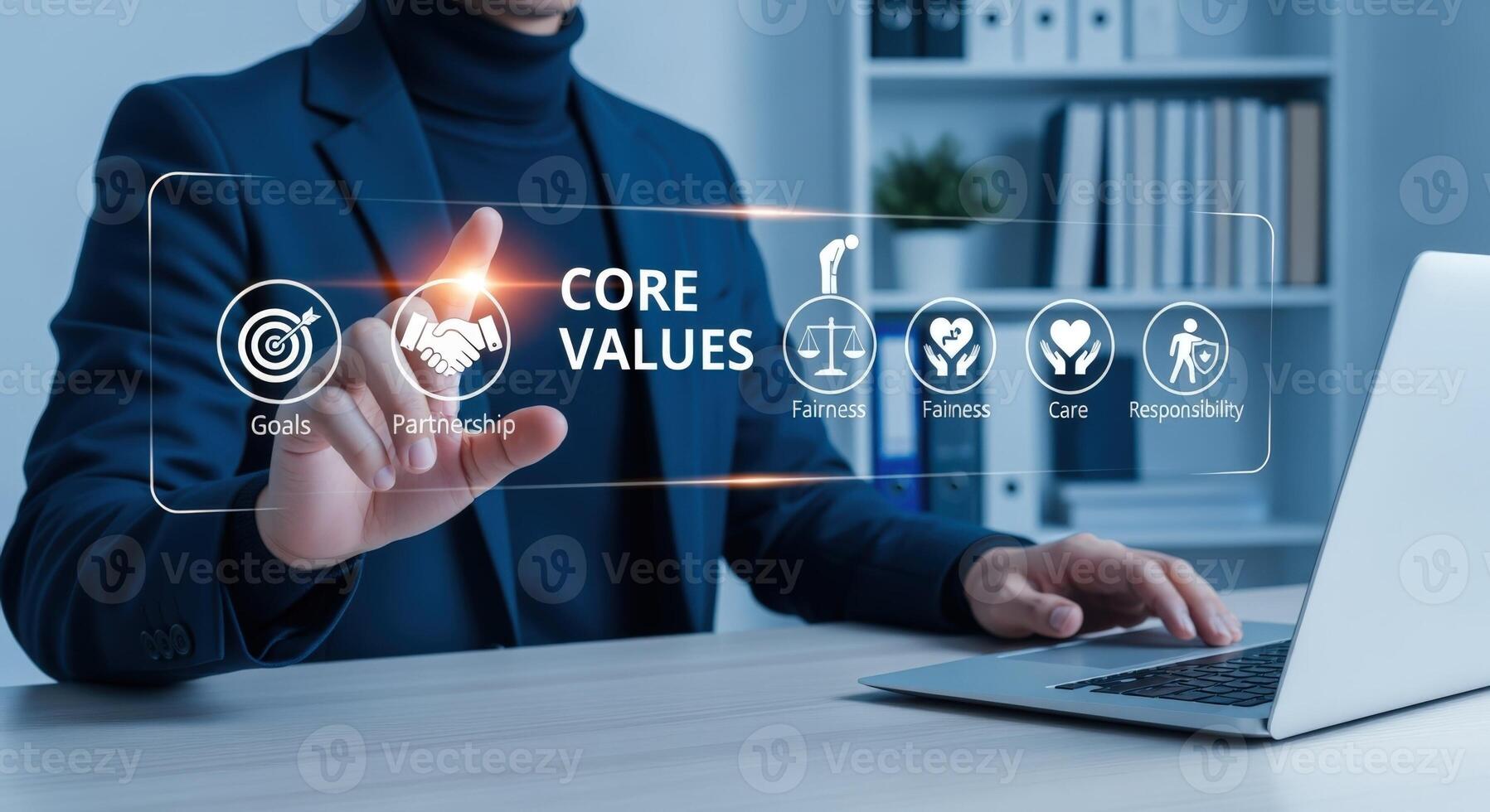 Core Values Digital Display Concept Businessman Interacting with Ethics, Partnership, and Responsibility Icons on Screen photo