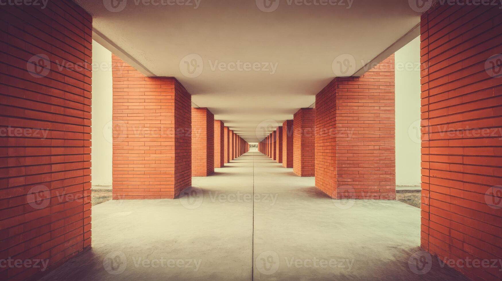 Architectural Corridor Perspective with Brick Columns and Concrete Flooring, Creating a Sense of Depth and Symmetry photo