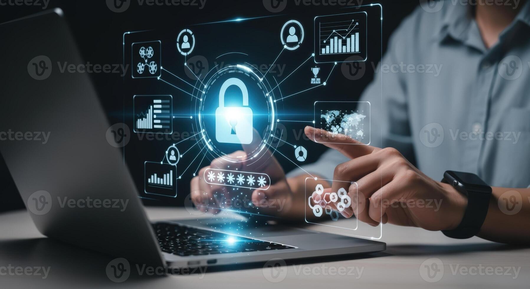 Digital Security Concept Person Accessing Secure Data via Laptop, Representing Cybersecurity and Data Protection photo