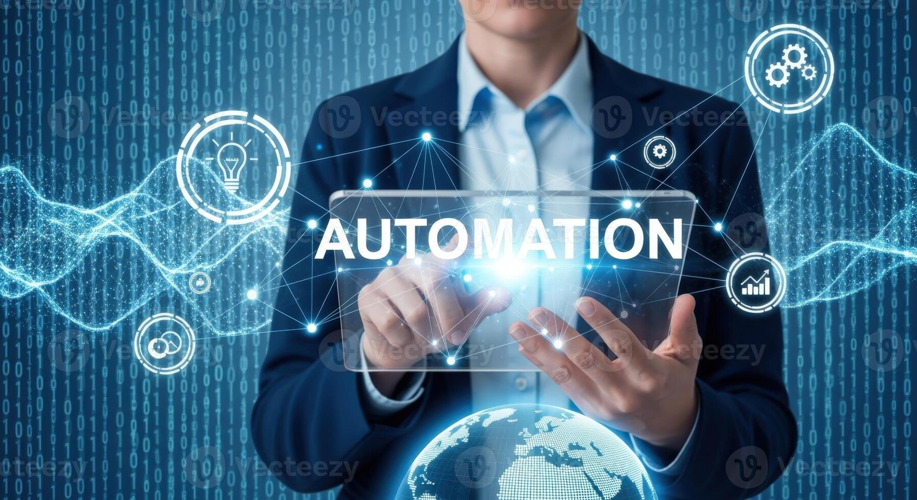 Automation Technology Concept Businesswoman Interacting with Digital Interface, Demonstrating Process Automation and Innovation in Business photo