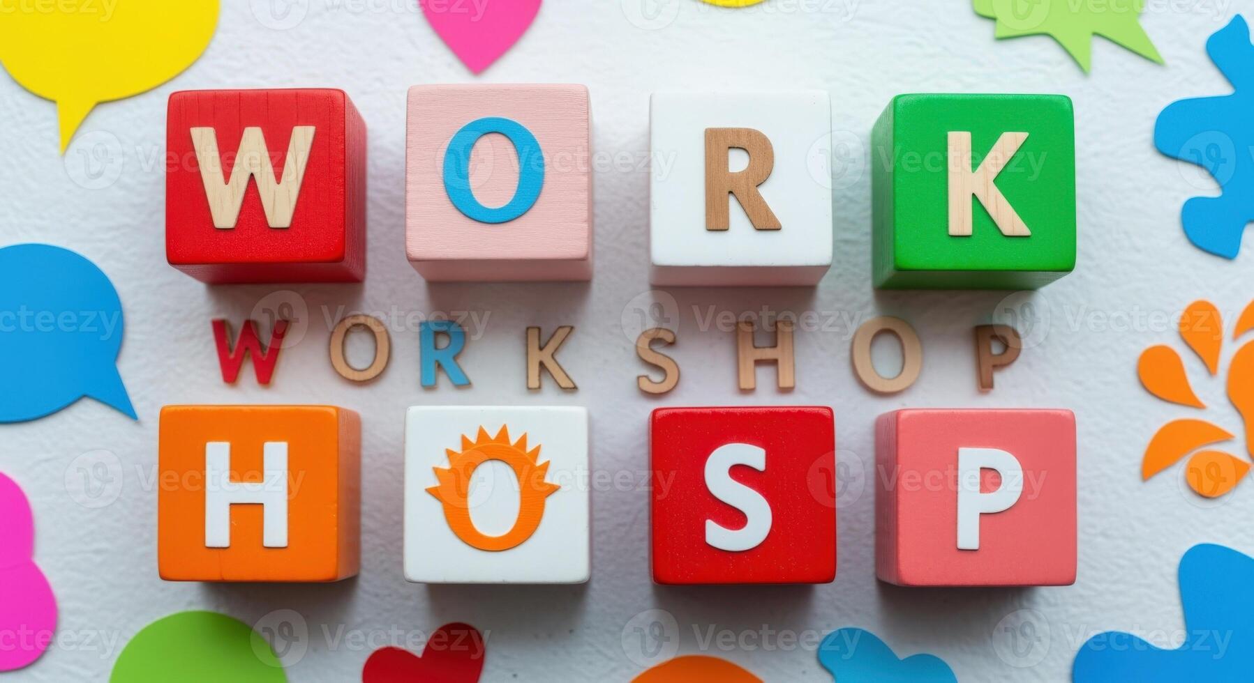 Colorful Workshop Concept with Blocks Spelling Words for Creative Learning and Development in a Fun Environment photo