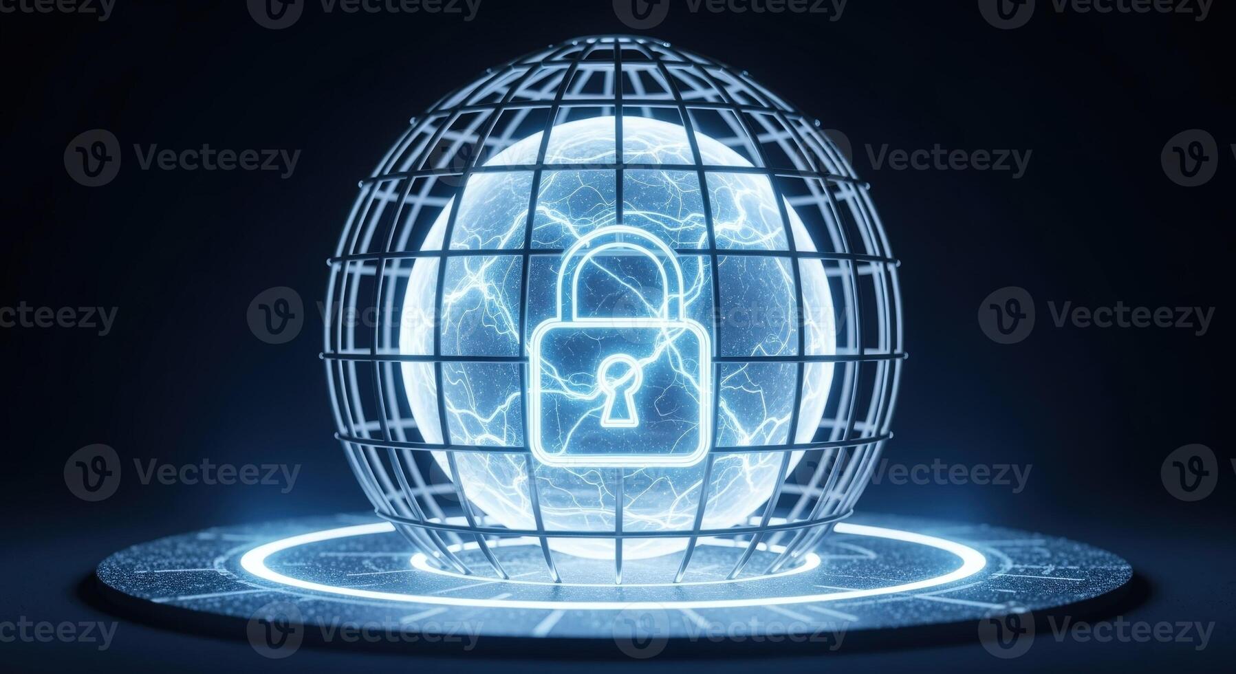 Cybersecurity Concept Digital Globe with Padlock Symbol for Data Protection and Network Security photo