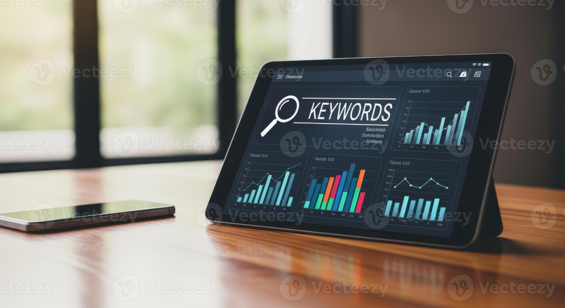 Data Analytics on Tablet Display with Magnifying Glass, Charts, Graphs for Business Strategy photo
