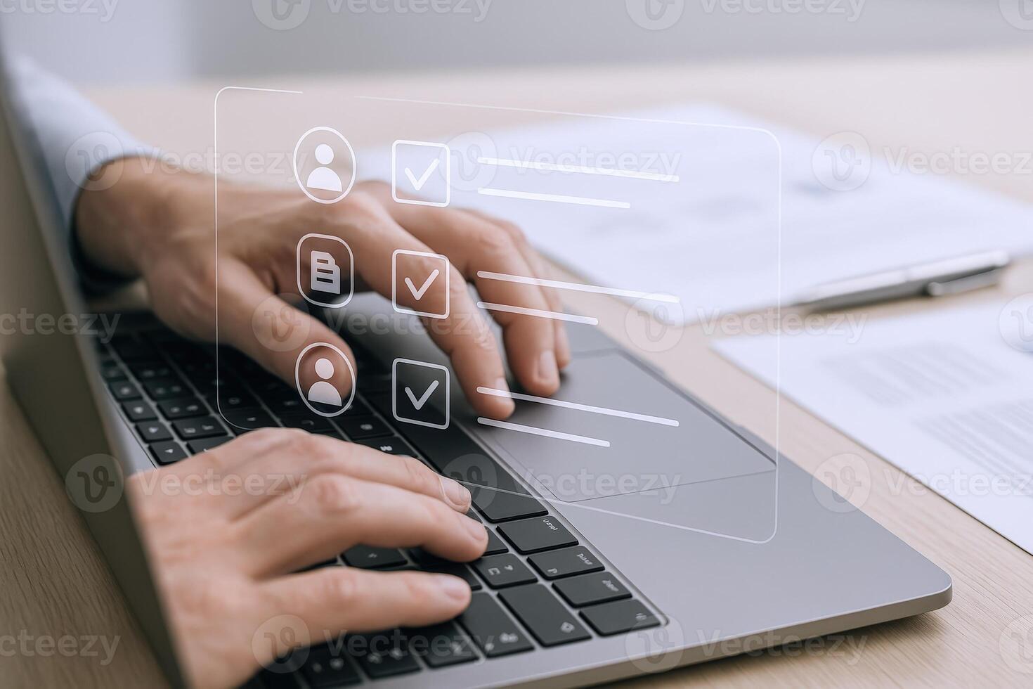 Online Form Completion on Laptop Survey, Application, or Checklist with Hand on Keyboard photo