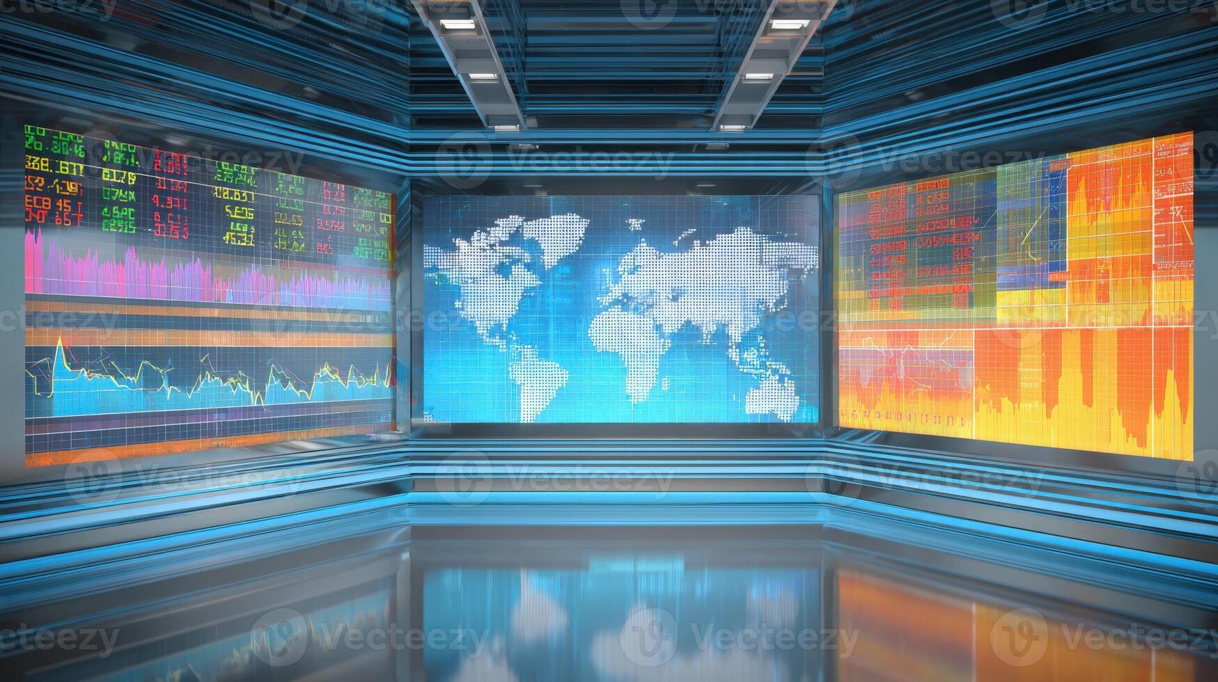 Modern Digital News Studio with World Map Display and Financial Data Graphics for Business Reporting photo