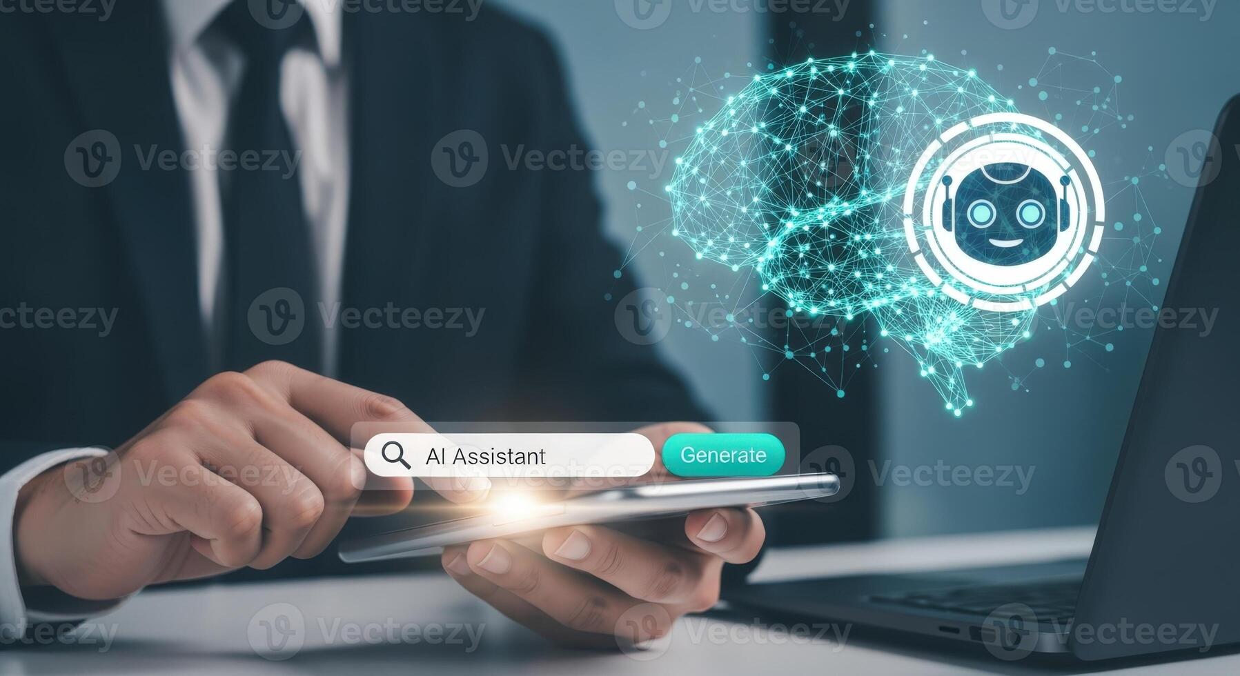 AI Assistant Interface on Mobile Device with Neural Network Visualization Displaying Digital Brain photo