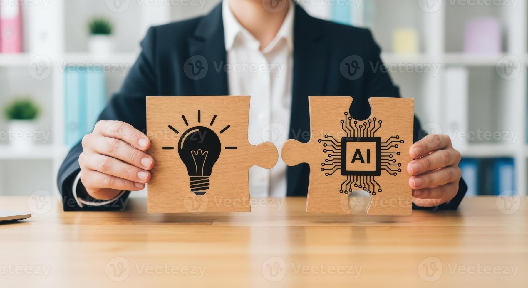 Connecting Ideas with Artificial Intelligence Business Professional Joining Puzzle Pieces Depicting Innovation and Technological Advancement photo