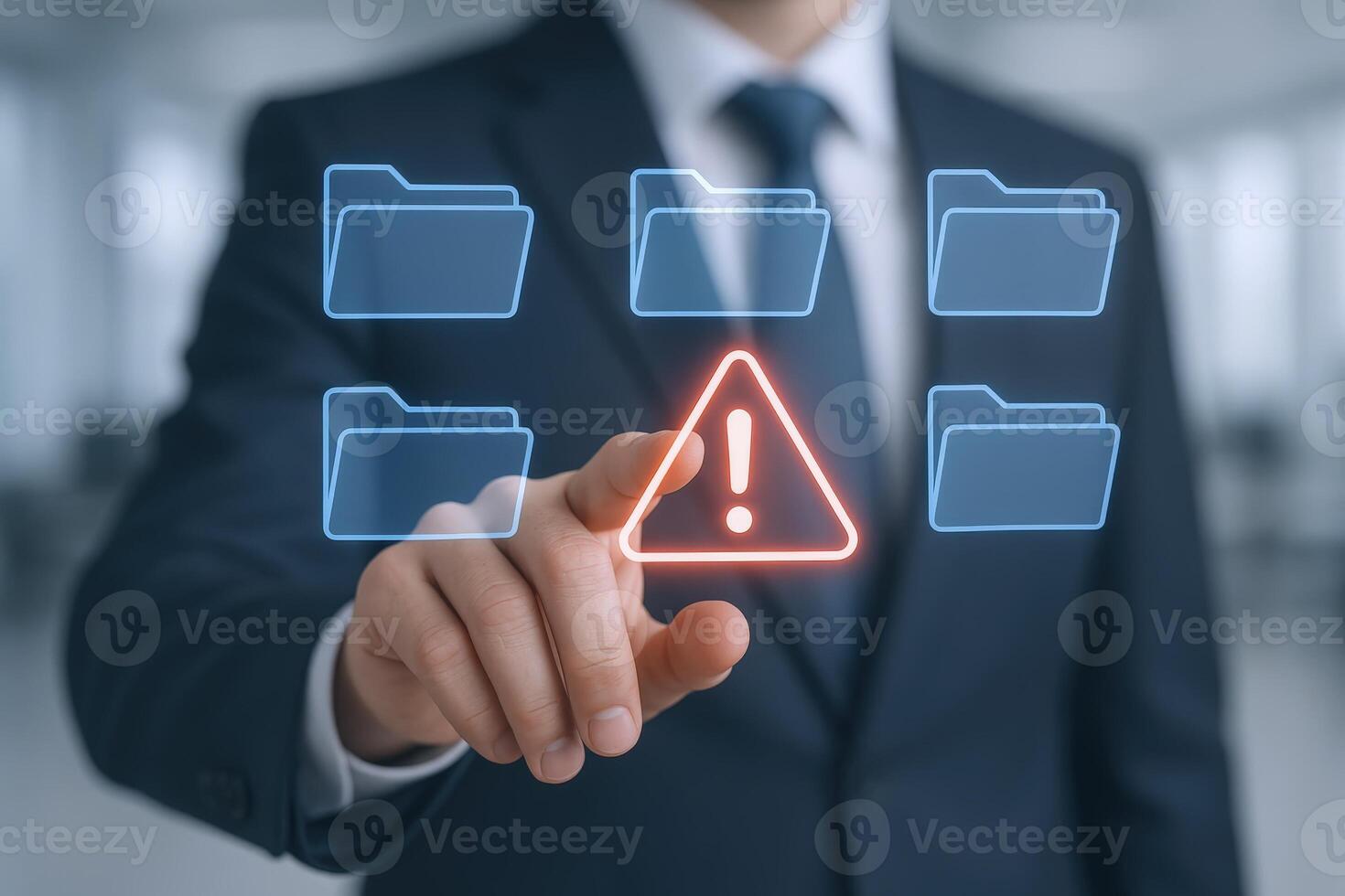 Data Security Warning Businessman Taps Virtual Alert Symbol Amidst Digital Folders, Highlighting Risk and System Vulnerability photo