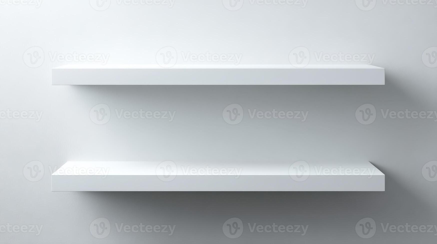 Two Empty White Floating Shelves on a White Wall for Product Display and Mockups photo