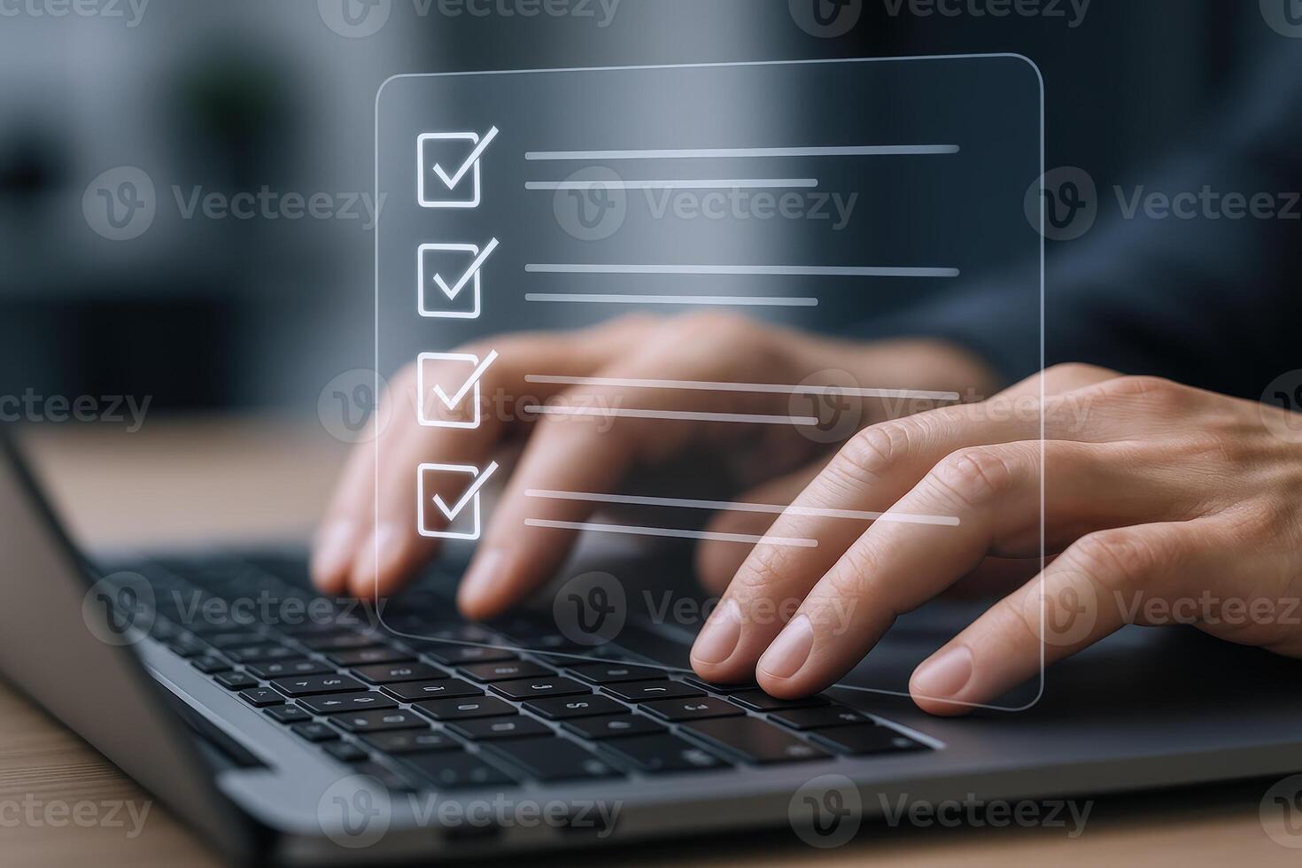 Completing Digital Checklist on Laptop Online Survey, Tasks, and Productivity Workflow Concept photo