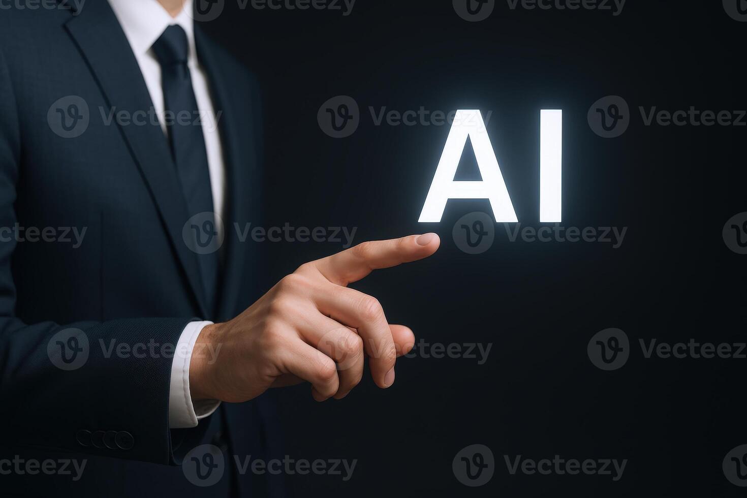 Artificial Intelligence Concept Business Man Touching Glowing AI Letters on Dark Background Innovation and Technology photo