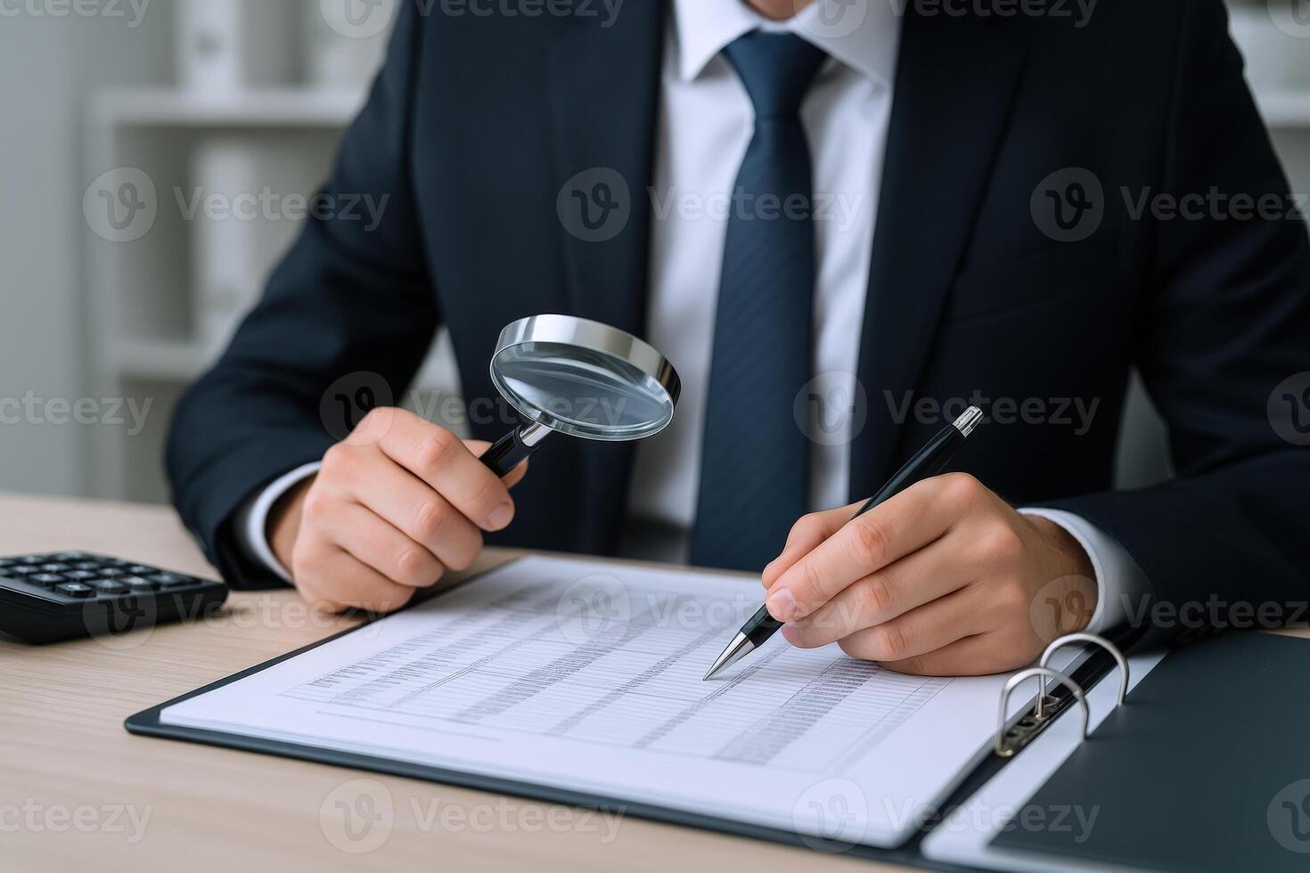 Man in suit analyzing document with magnifying glass, checking for errors and accuracy in paperwork photo