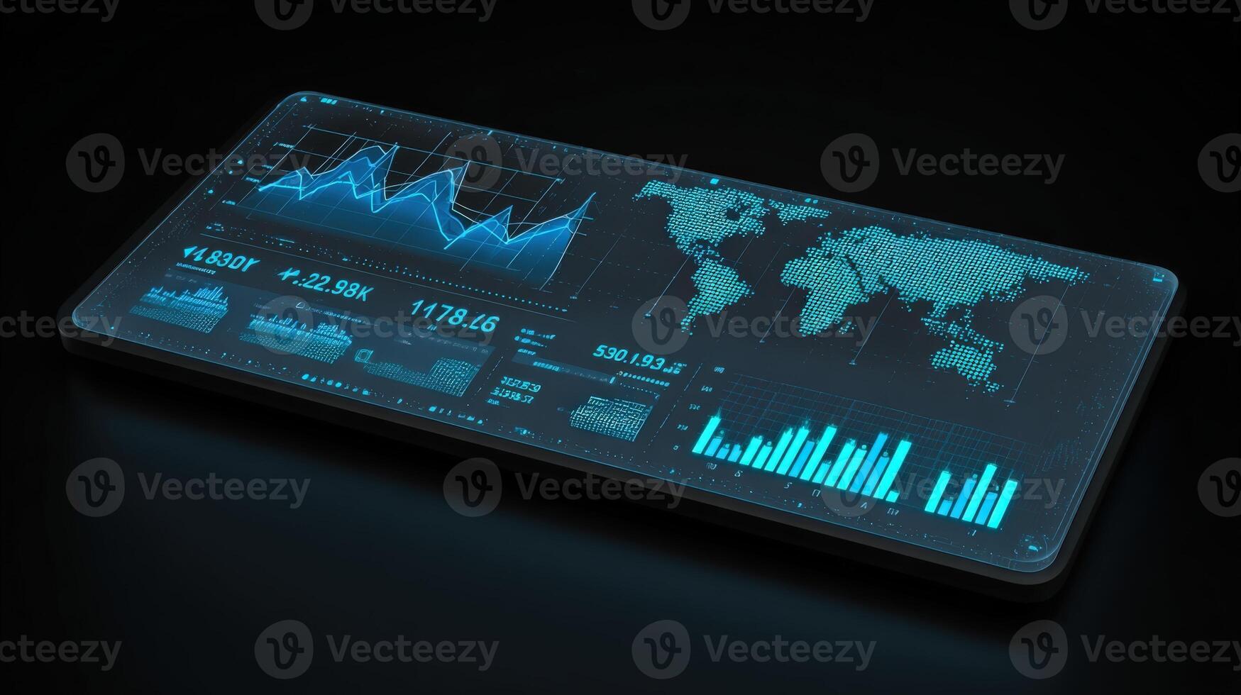 Futuristic Tablet Displaying Business Analytics Global Market Data and Financial Statistics on a Digital Interface photo