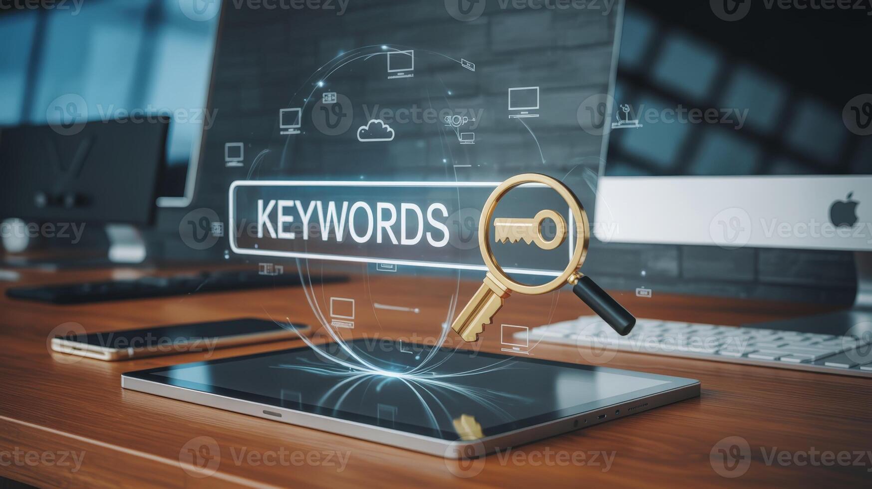 Keywords Search Concept Tablet displaying a search bar with Keywords term and a golden key photo