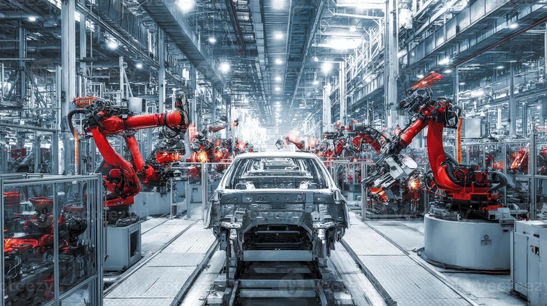Automated Car Assembly Line Modern Vehicle Manufacturing with Robotic Arms in a High-Tech Factory photo
