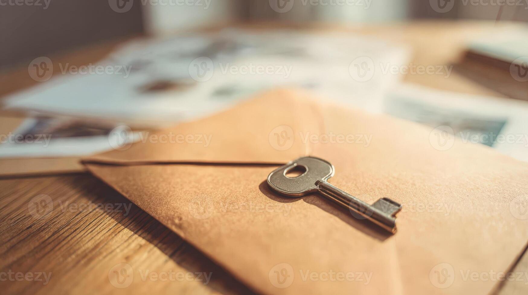 Conceptual Image Featuring a Key Placed on Top of a Brown Envelope on a Wooden Table photo