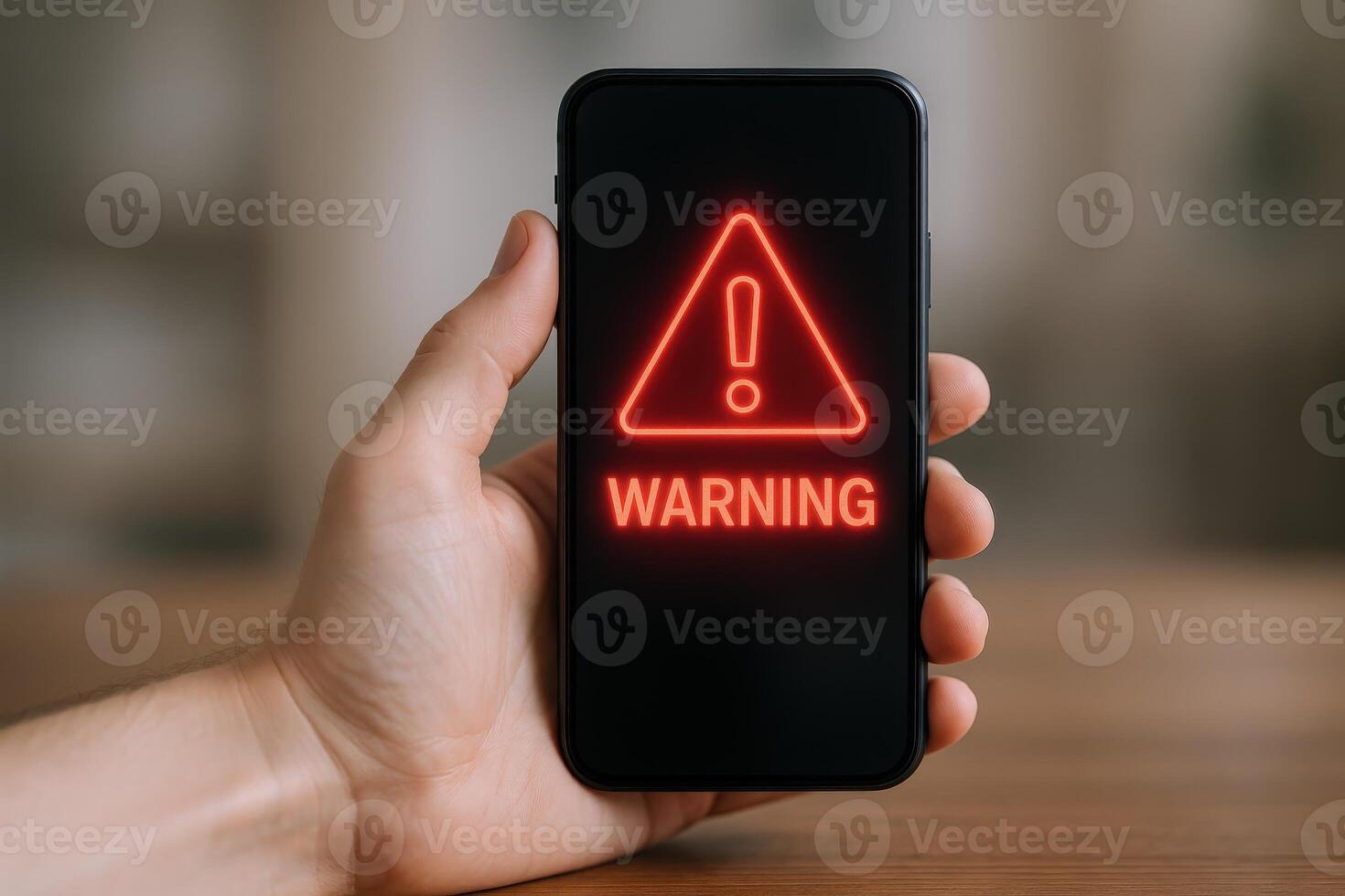 Smartphone Displaying Red Warning Alert in Hand Security Threat, Error Message, System Failure photo