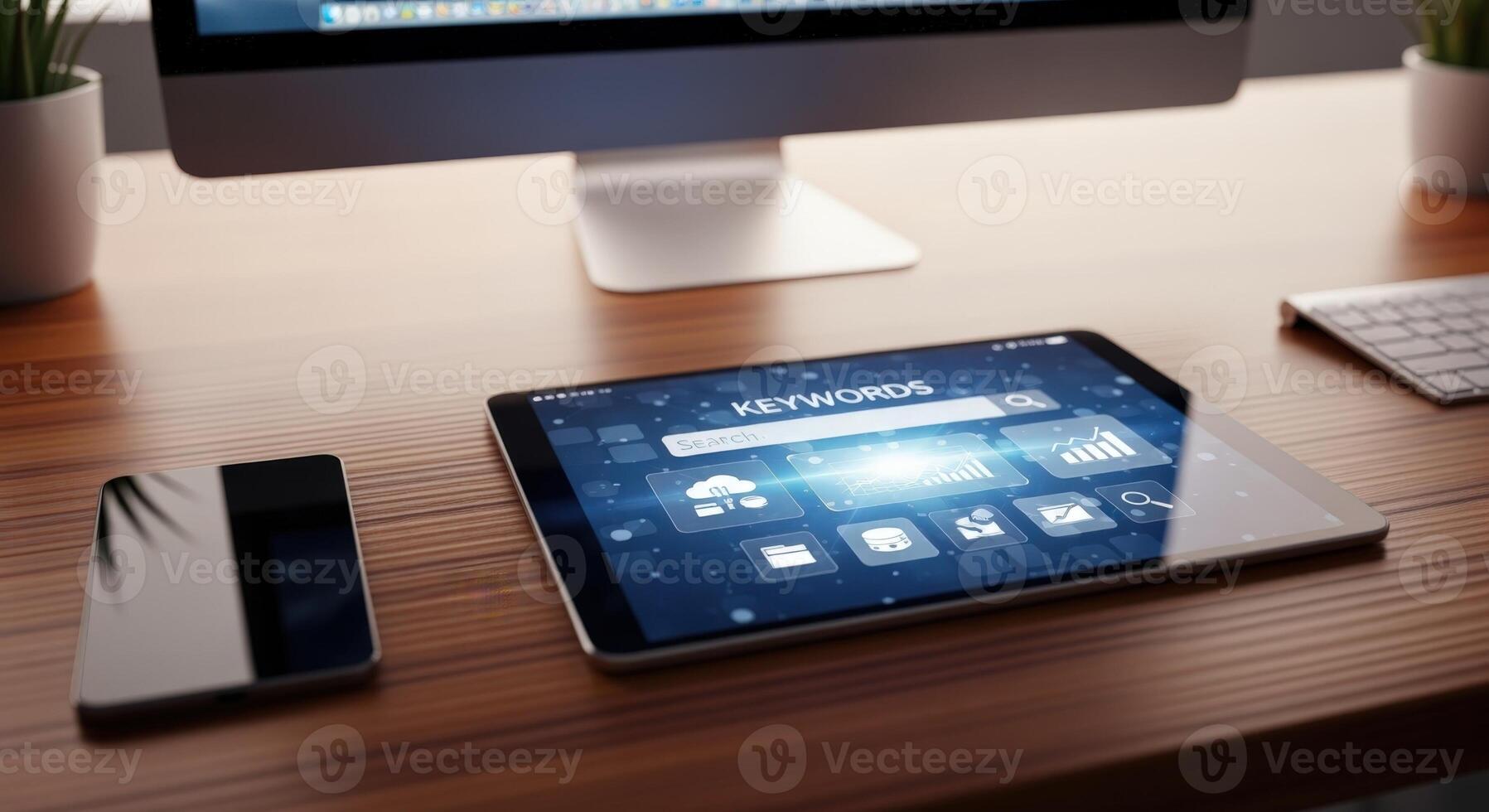 Modern Workspace with Tablet Displaying Keywords Search, Computer, Smartphone on a Wooden Desk photo