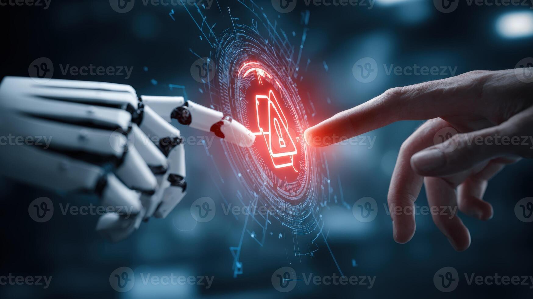 Human and Robot Hands Touching with Digital Interface, Illustrating Artificial Intelligence and Technological Connection photo