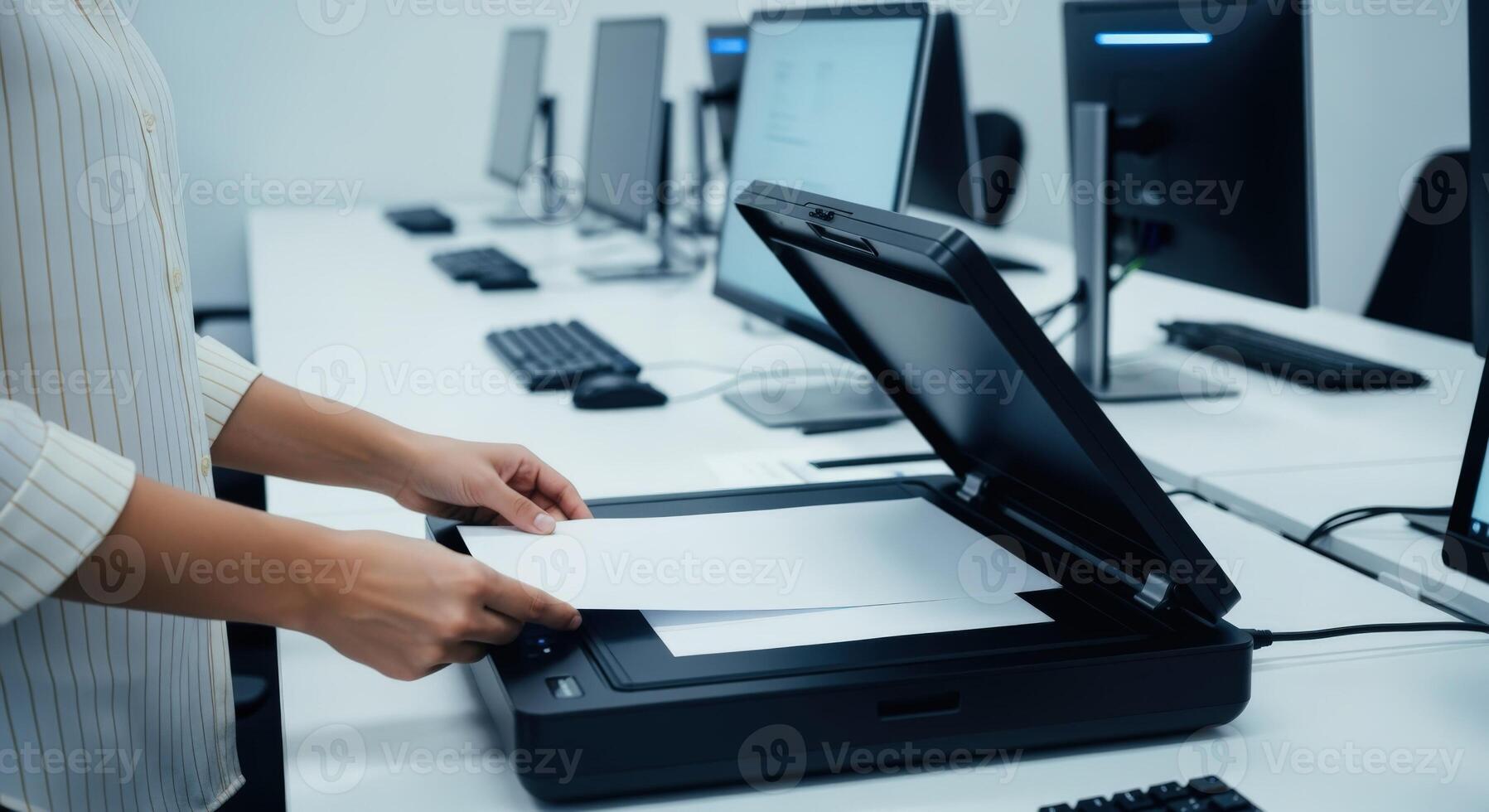 Document Scanning Process in Office Environment Woman Using Scanner with Computers in Background photo