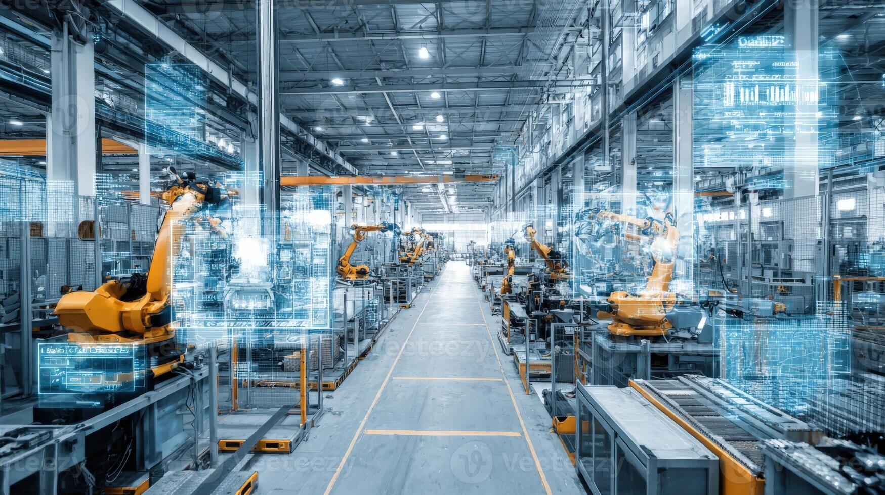 Automated Production Line with Robot Arms and Digital Overlays in a Modern Factory Setting photo