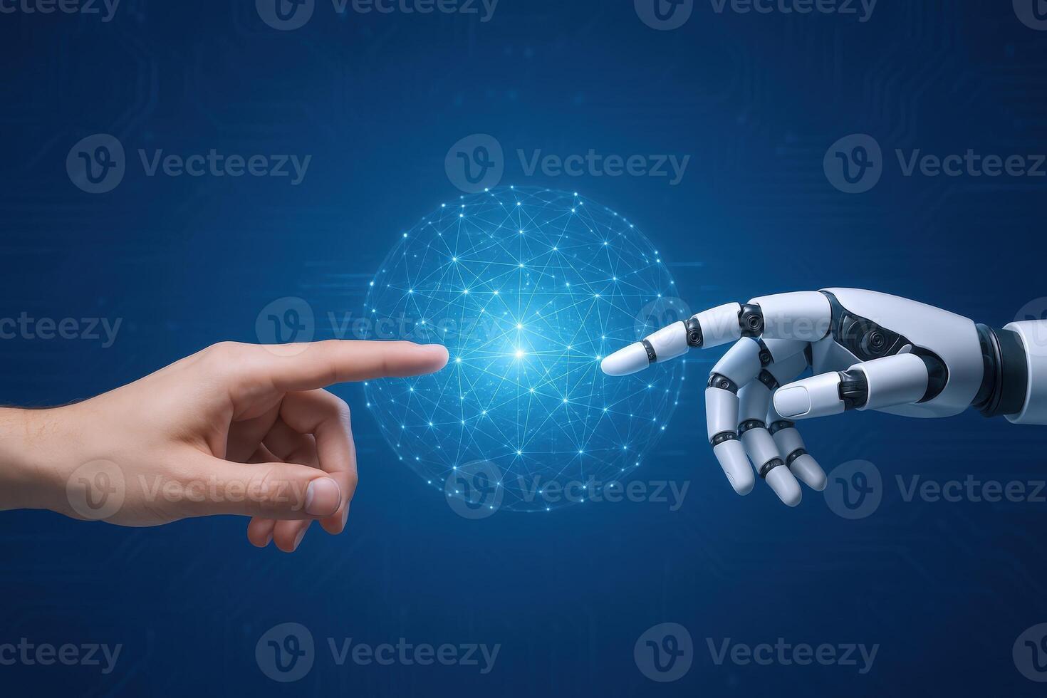 Human and Robot Hands Touching Digital Sphere, Representing Artificial Intelligence and Future Technology photo